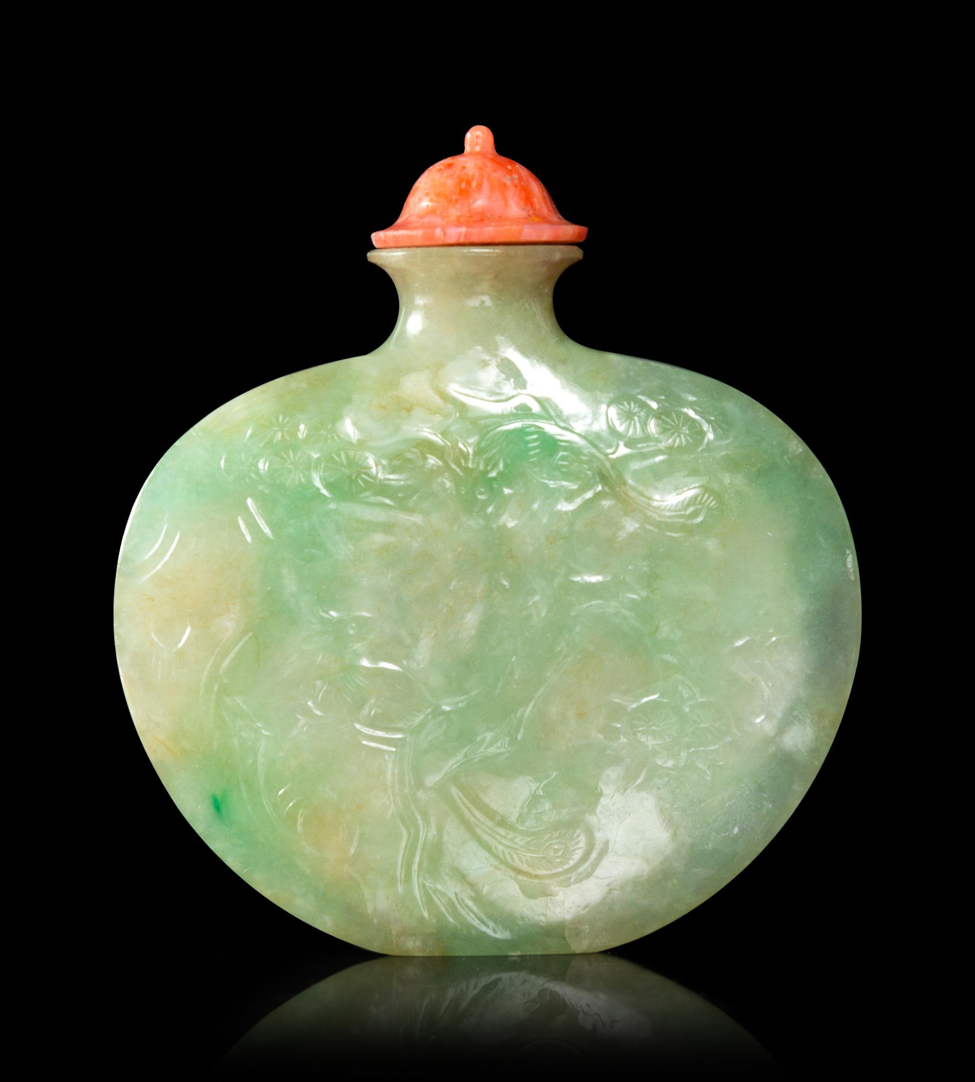 An Apple Green and Celadon Jadeite Snuff Bottle