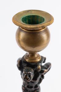 A Pair of French Gilt and Patinated Bronze and Marble Figural Candlesticks in the Form of Atlas
