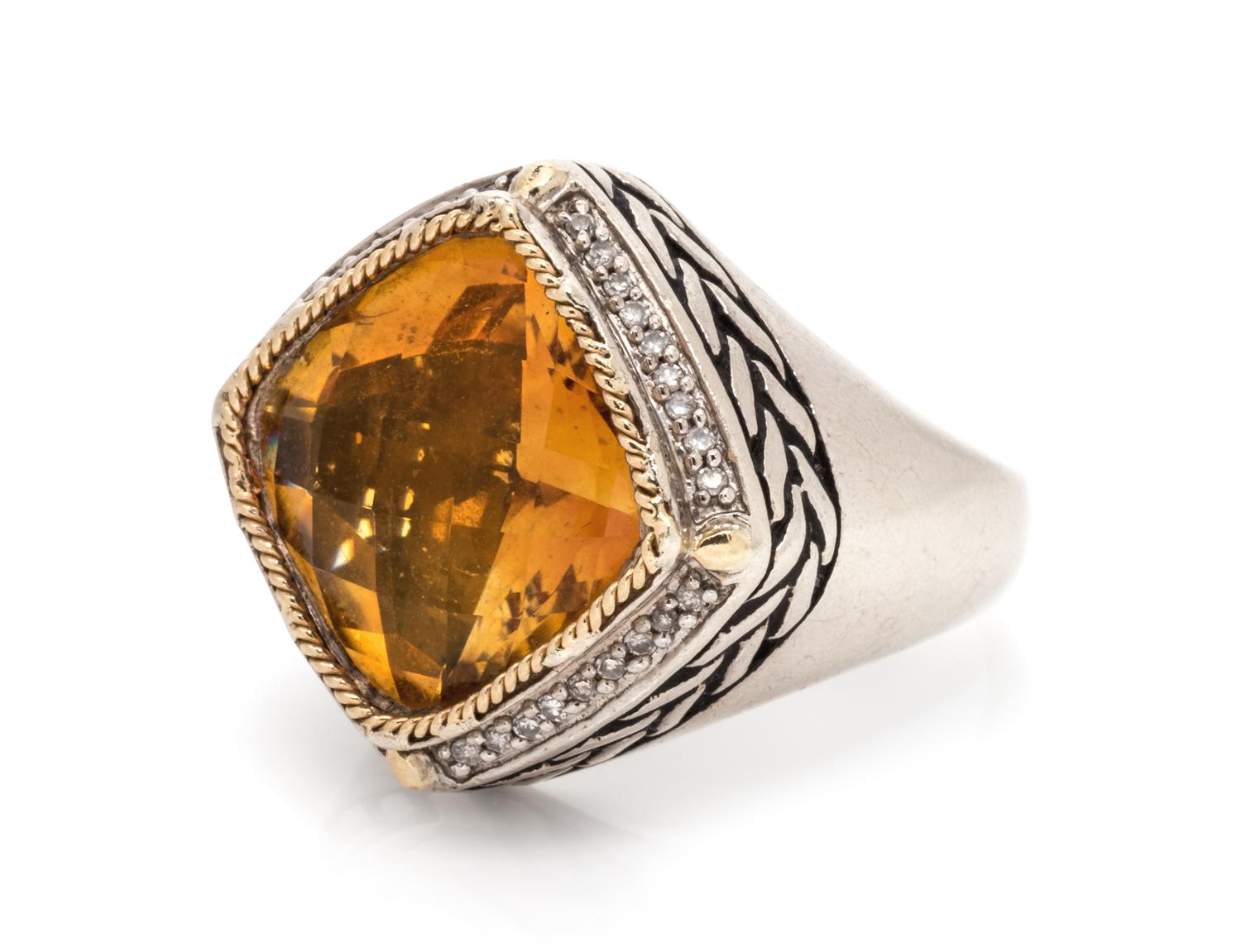 A Sterling Silver, 18 Karat Yellow Gold, Citrine, and Diamond Ring, Effy,