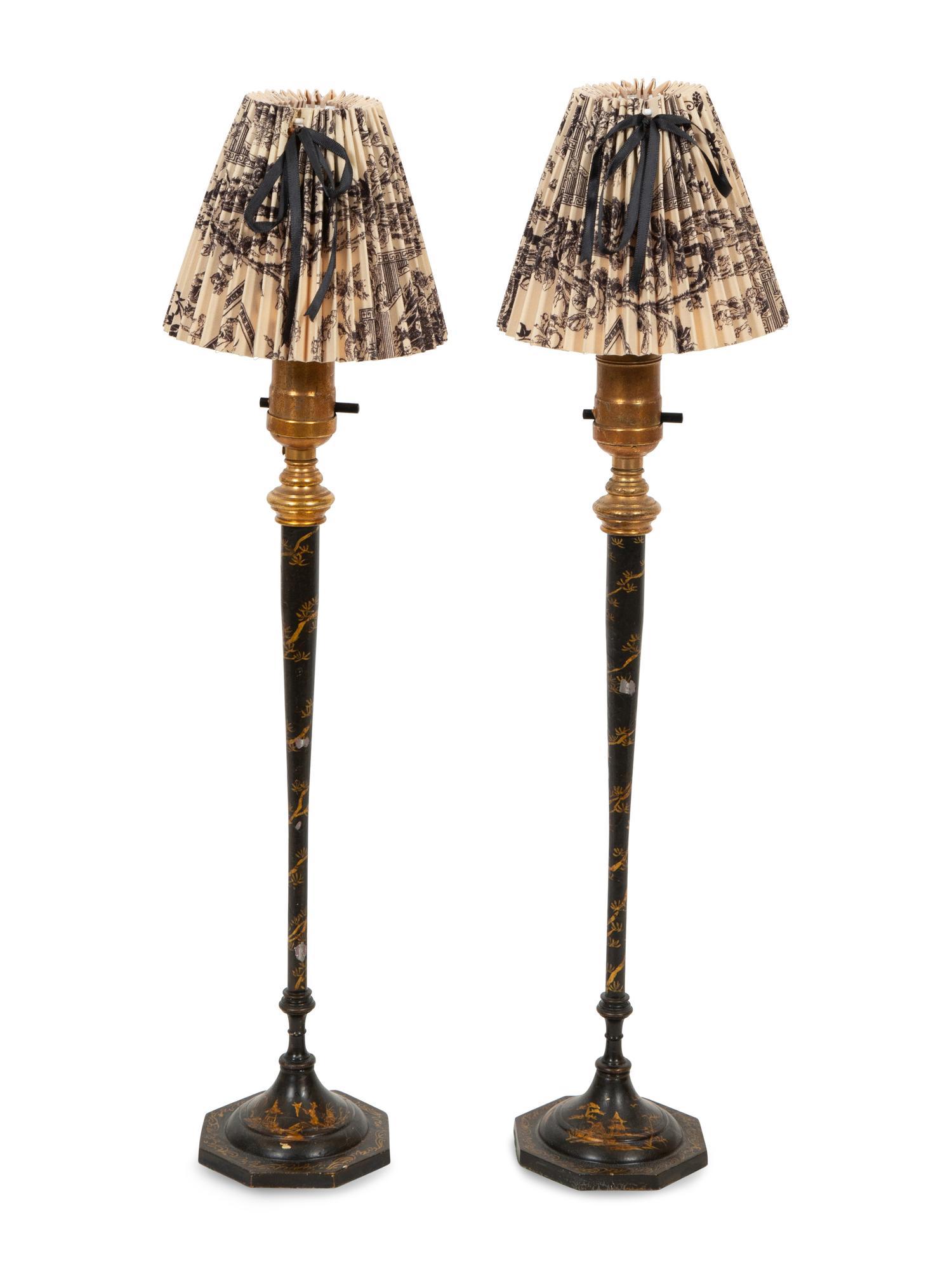 A Pair of Gilt and Black-Painted Metal Candlesticks Mounted as Lamps