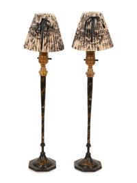 A Pair of Gilt and Black-Painted Metal Candlesticks Mounted as Lamps