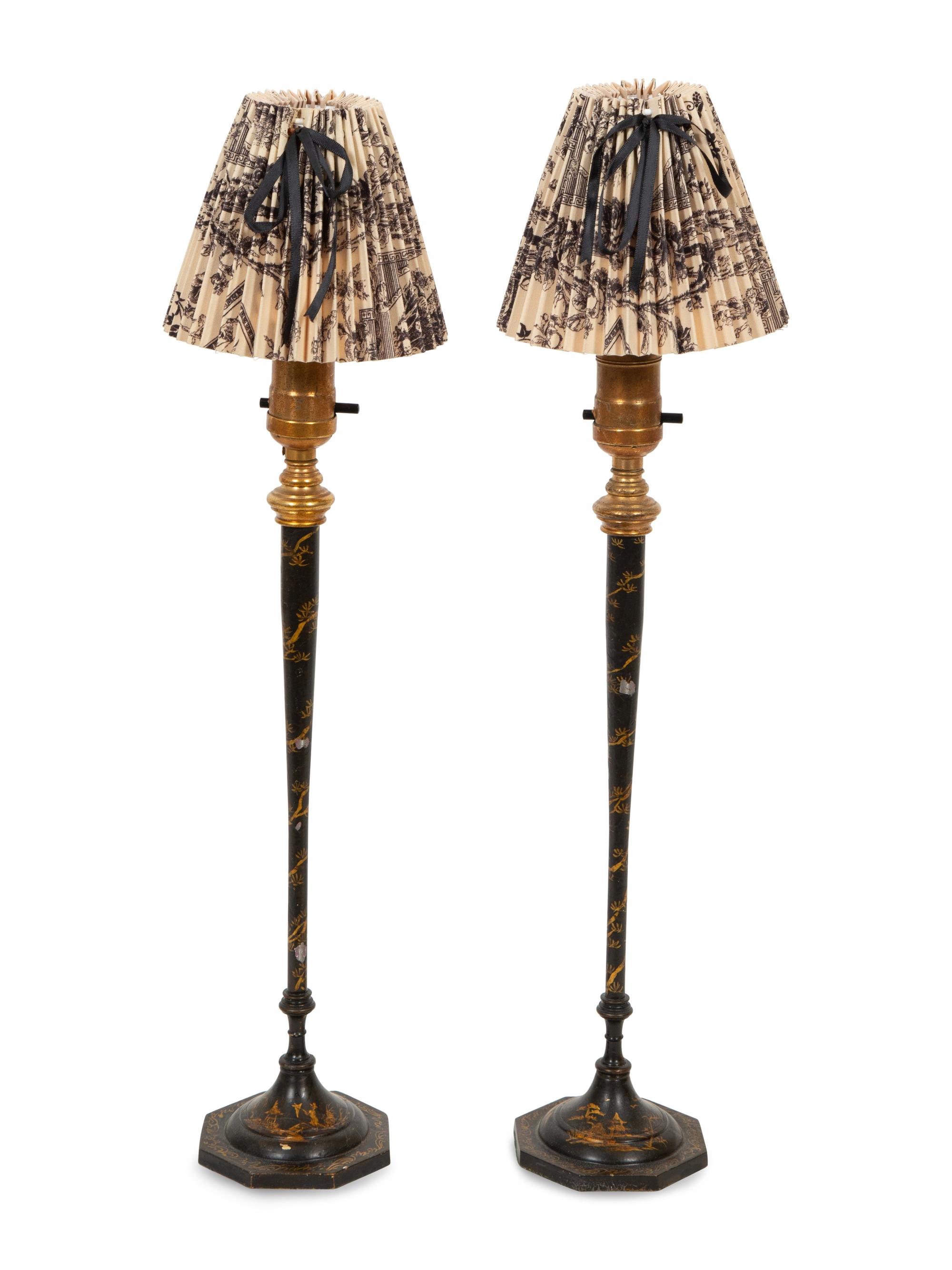 A Pair of Gilt and Black-Painted Metal Candlesticks Mounted as Lamps
