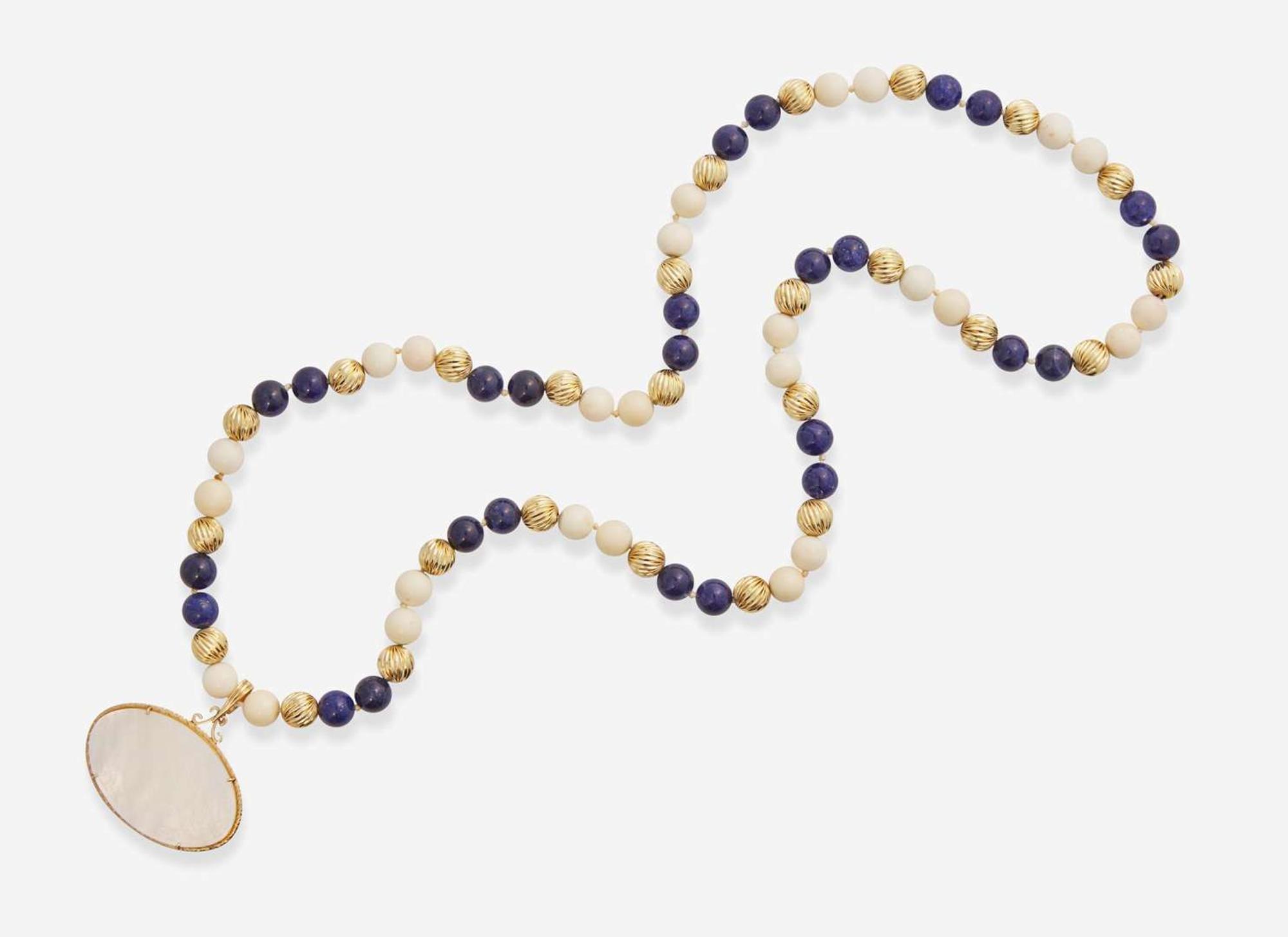 A 14K Yellow Gold, Lapis Lazuli, and Coral Necklace with Detachable Pendant