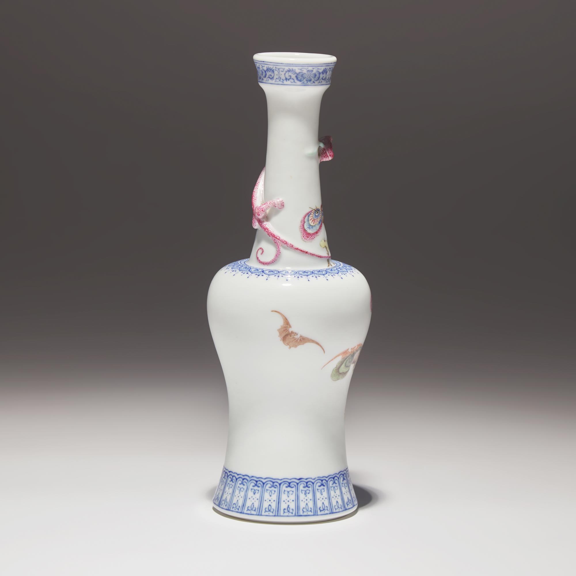 A Finely Decorated Chinese Enameled 'Lingzhi and Chilong' Porcelain Vase, Yongzheng Mark — 雍正款 粉彩靈芝紋盤螭龍搖鈴尊