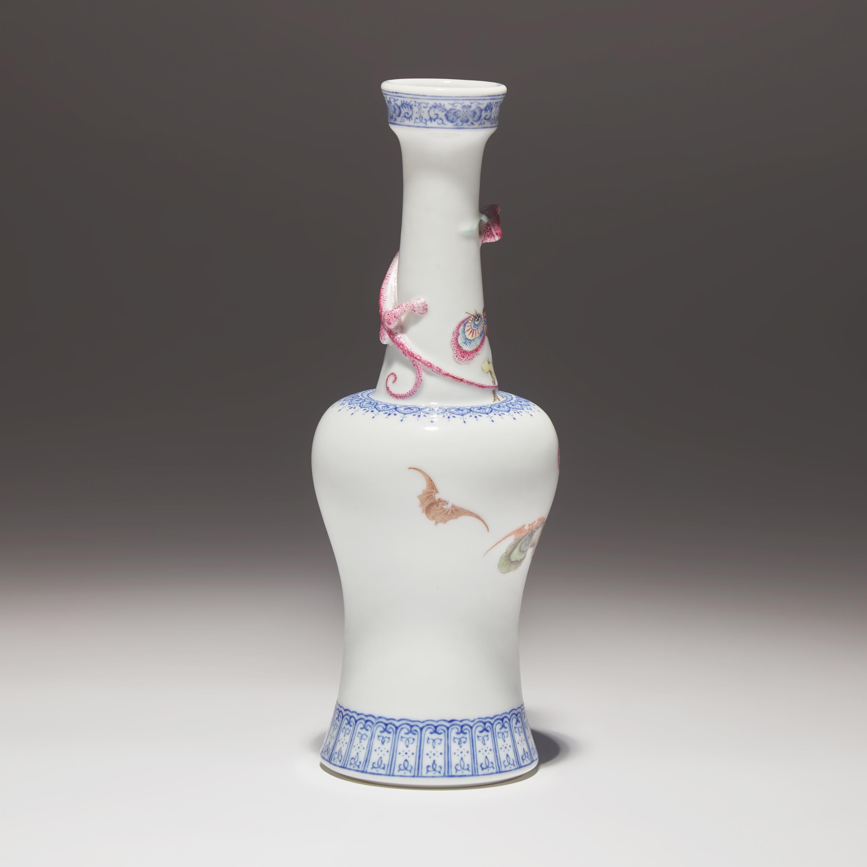 A Finely Decorated Chinese Enameled 'Lingzhi and Chilong' Porcelain Vase, Yongzheng Mark — 雍正款 粉彩靈芝紋盤螭龍搖鈴尊