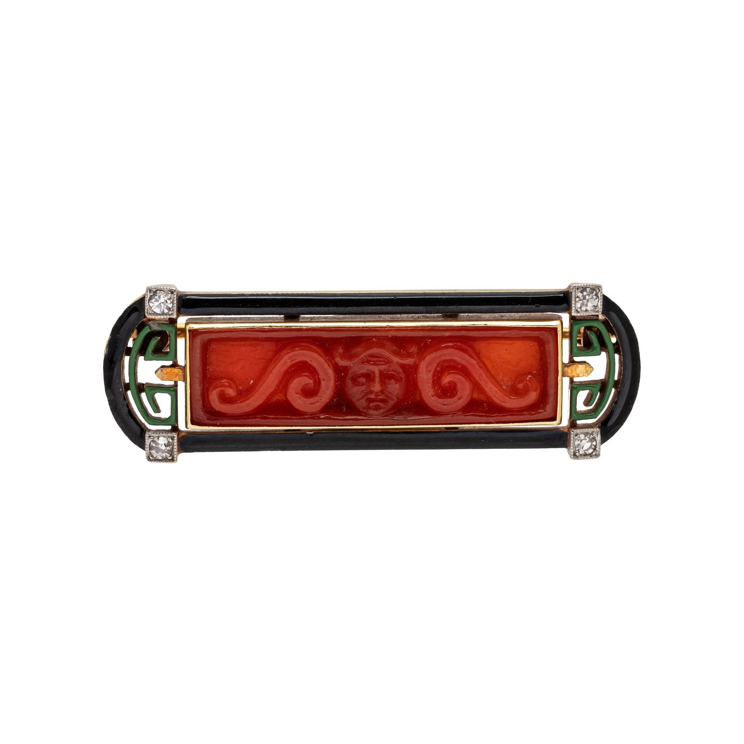 ART DECO, CARVED CARNELIAN AND DIAMOND BAR PIN