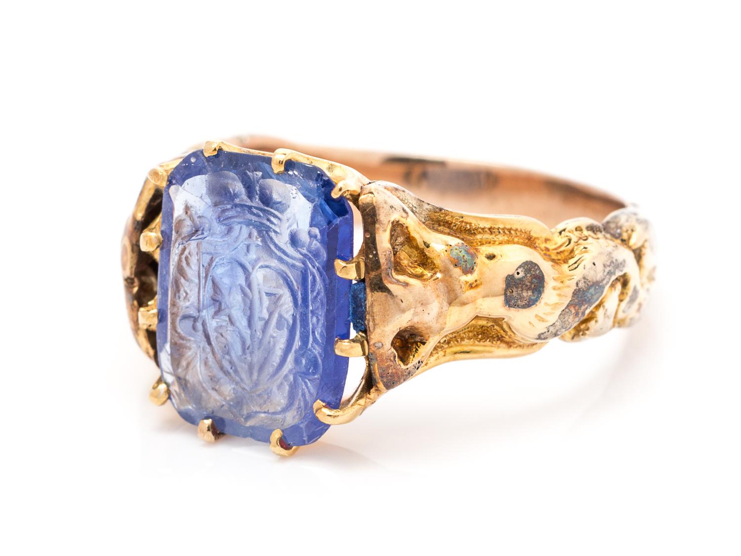 A Victorian Yellow Gold and Sapphire Intaglio Ring, 3.40 dwts.