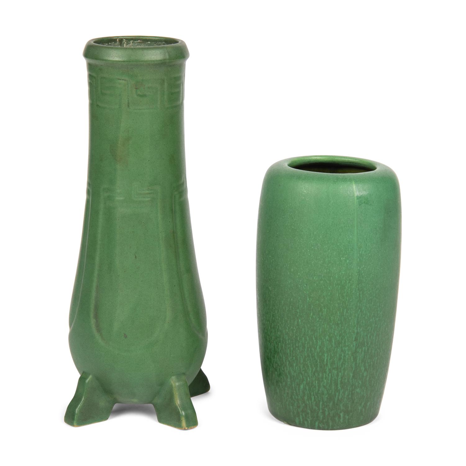 Two Matte Green Glazed Ceramic Vases