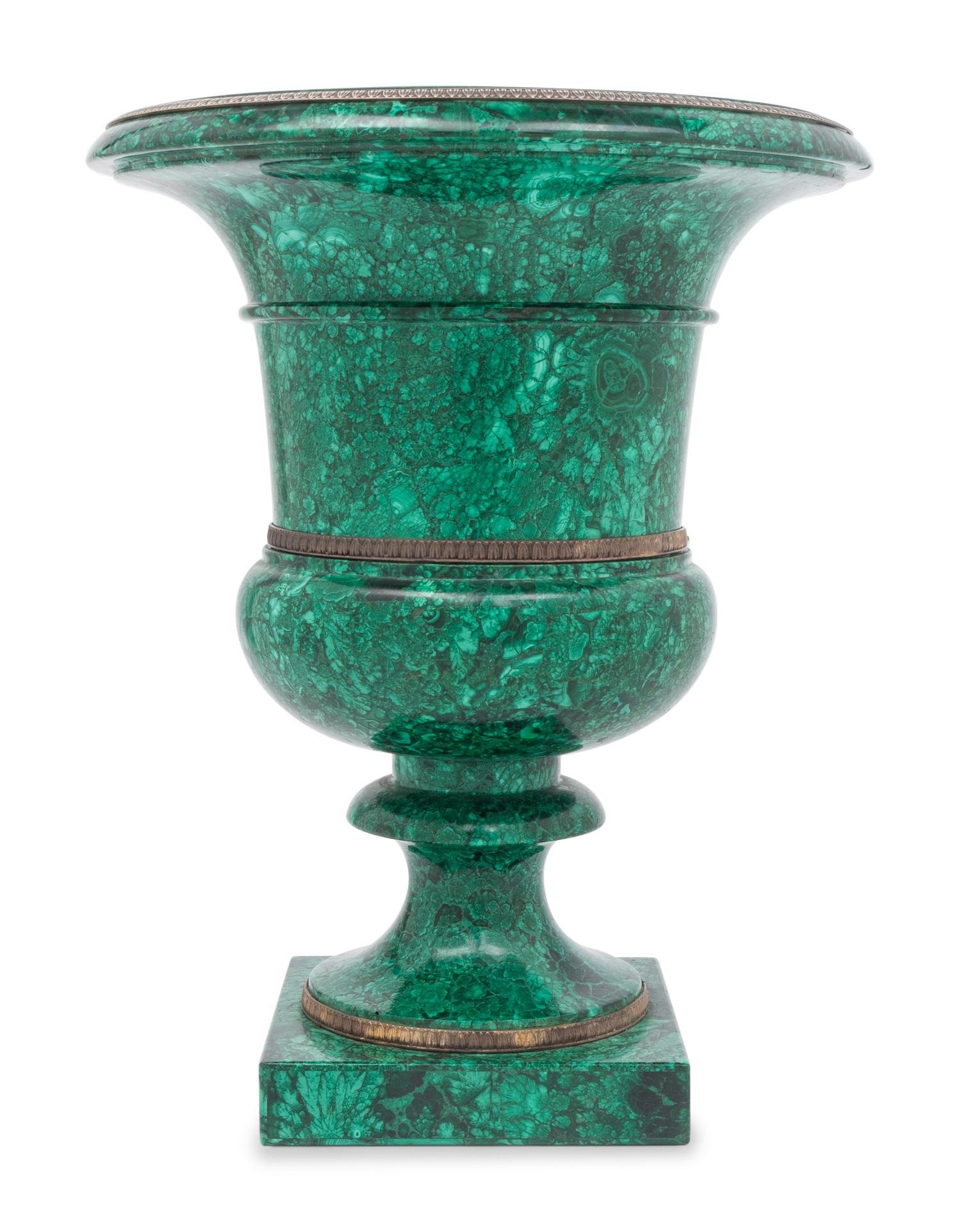 A Neoclassical Malachite Veneered Campagna-Form Urn