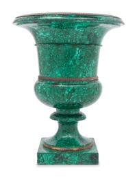 A Neoclassical Malachite Veneered Campagna-Form Urn