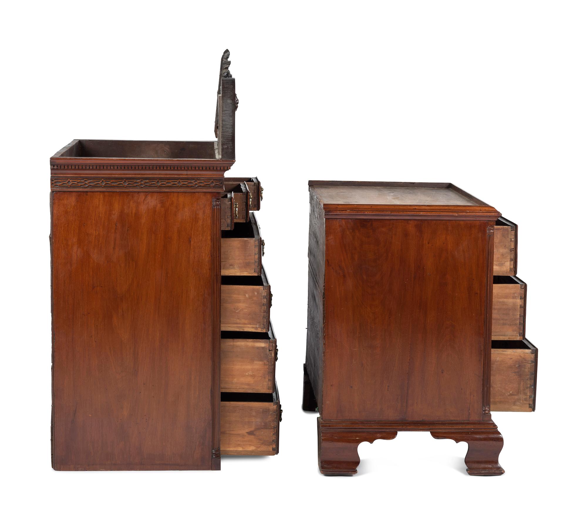 The Holcum Family Chippendale Pierce-Carved and Figured Mahogany Bonnet Top Chest-on-Chest