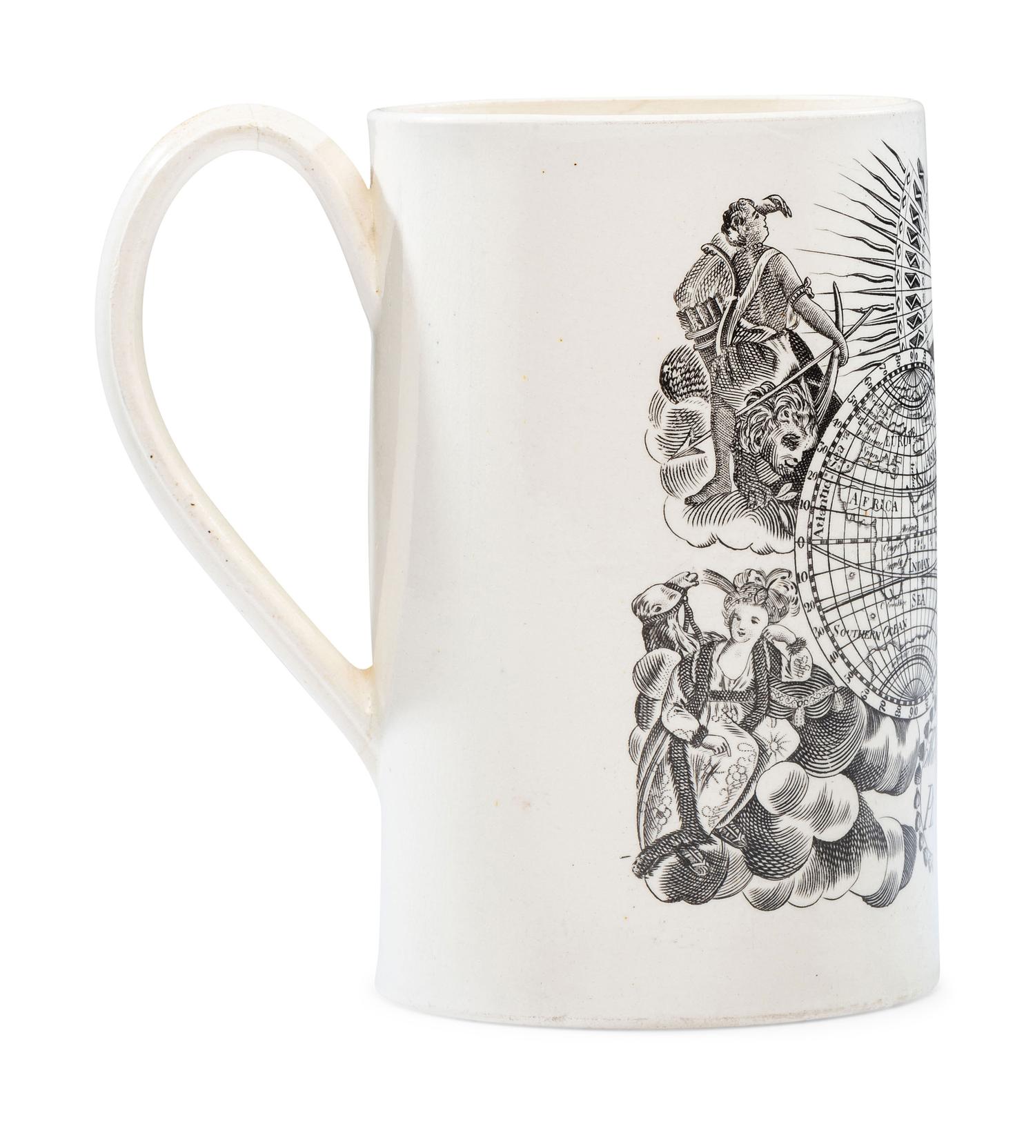 A Liverpool Transfer-Printed Creamware 'World in Planisphere' Mug