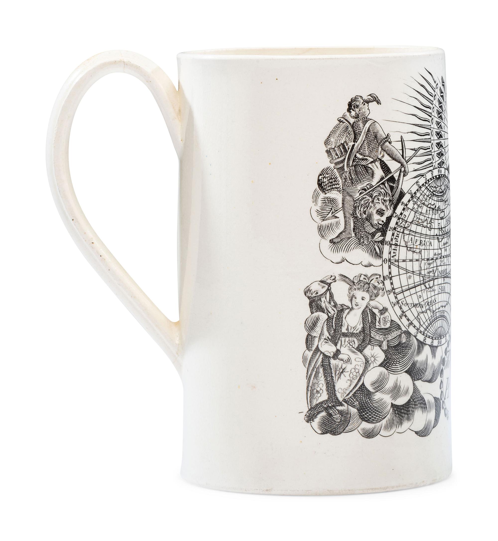 A Liverpool Transfer-Printed Creamware 'World in Planisphere' Mug