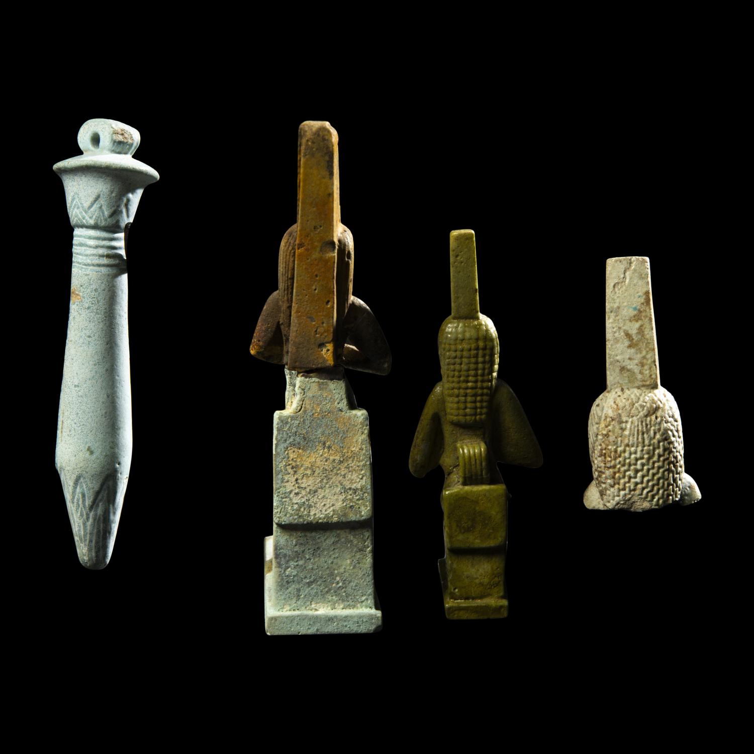 Three Egyptian Faience Isis Fragments and a Djed Pillar