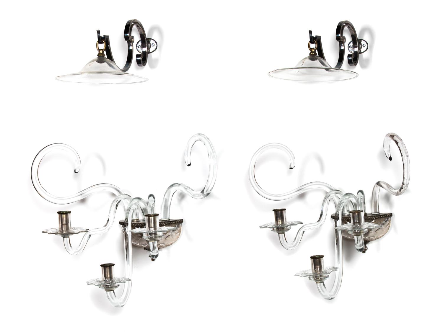 A Pair of George III Style Silvered Metal and Glass Three-Light Sconces