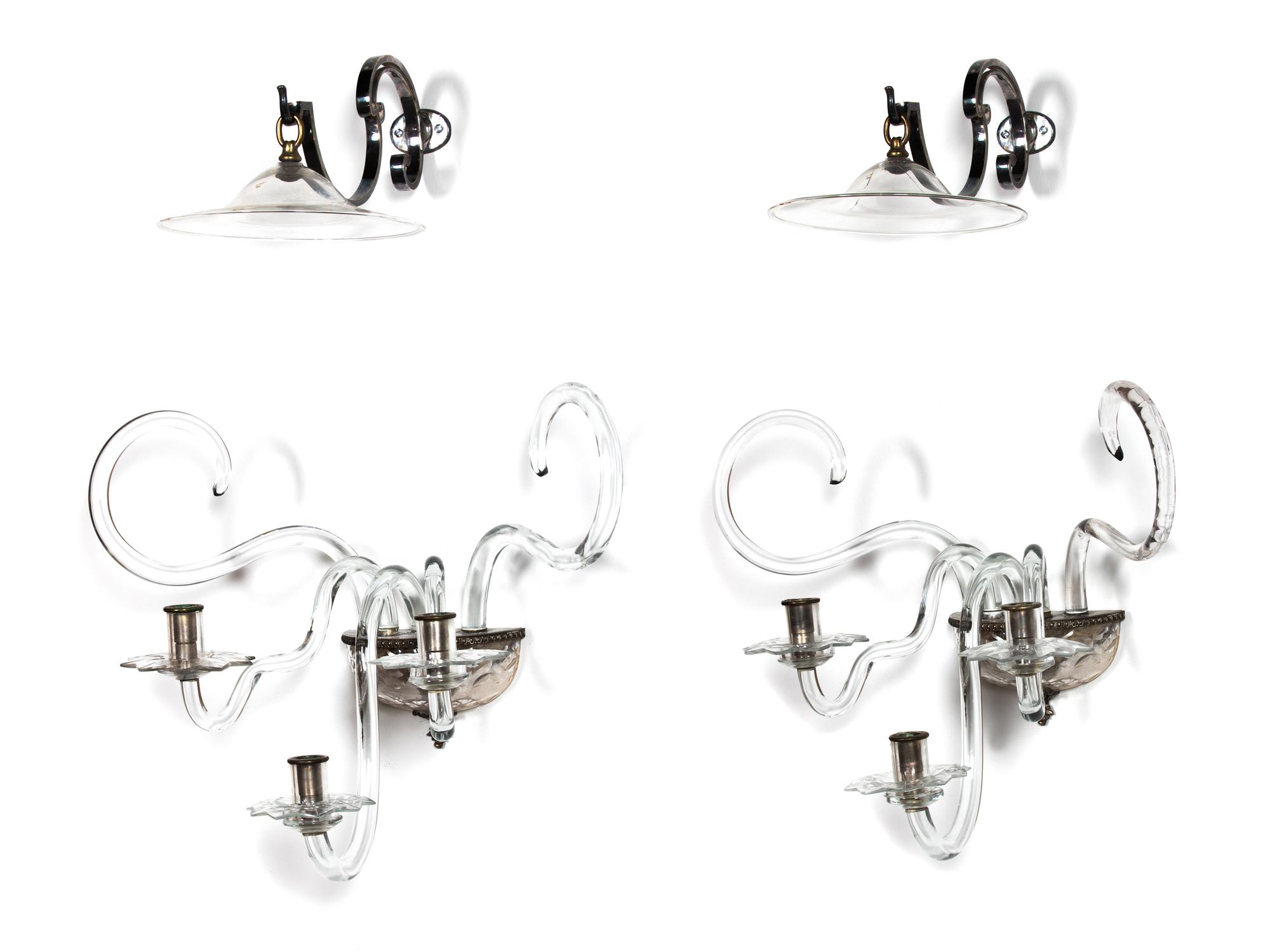 A Pair of George III Style Silvered Metal and Glass Three-Light Sconces