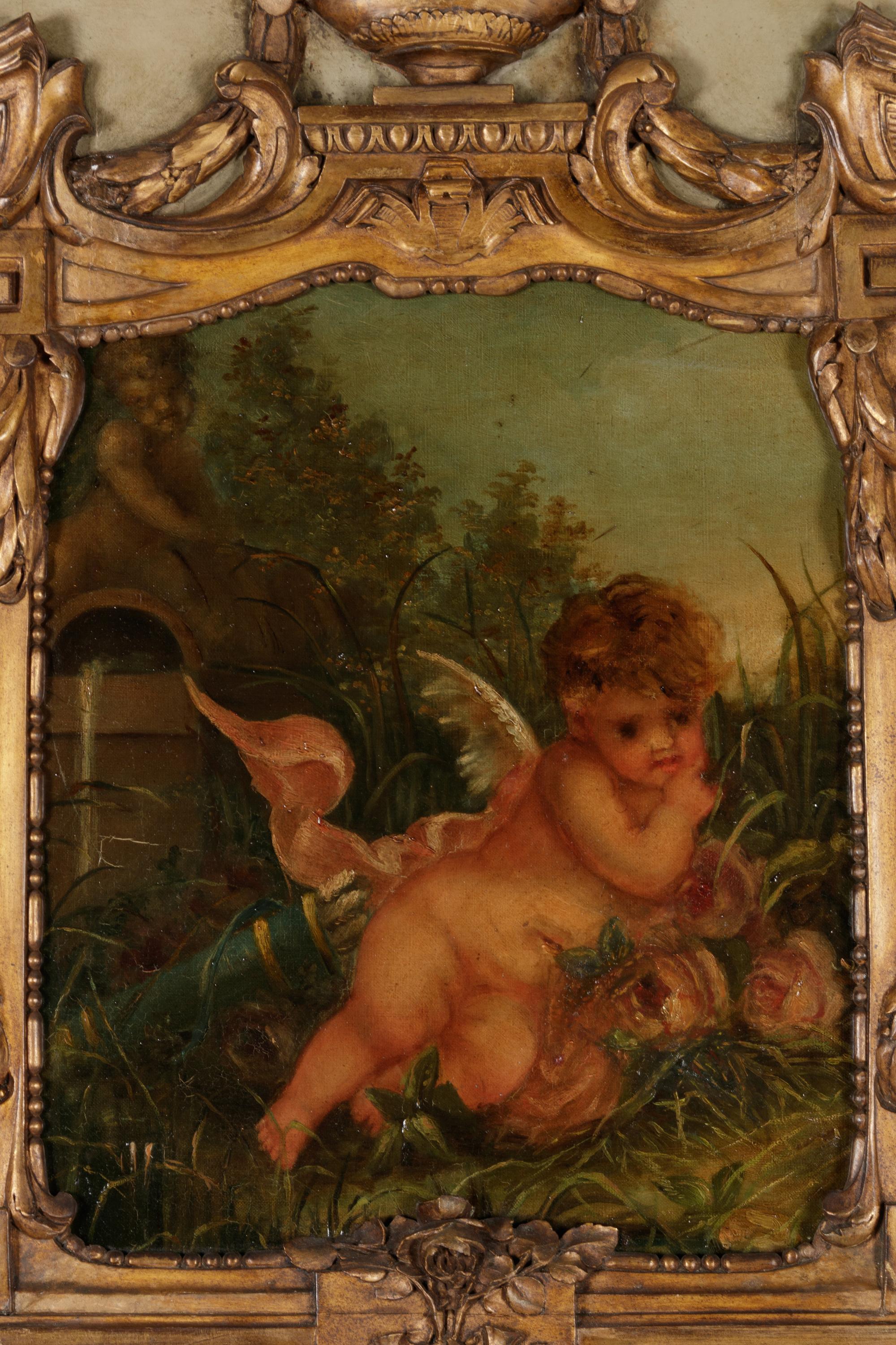 A Continental Painted and Parcel Gilt Trumeau Mirror