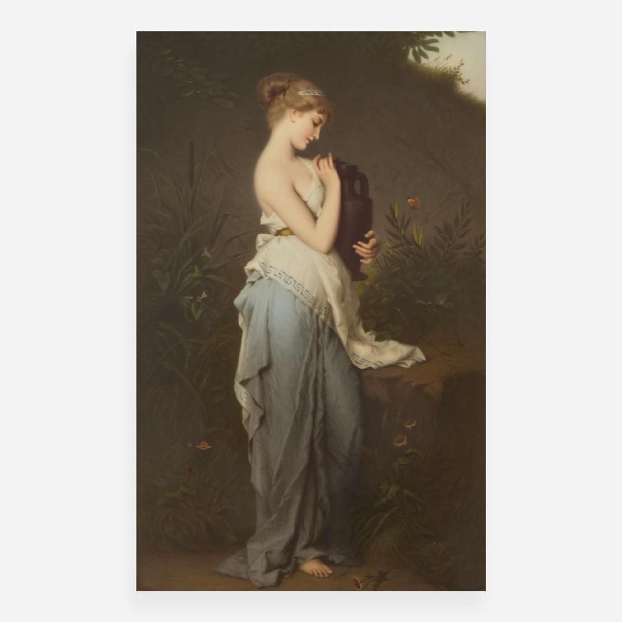 A KPM painted porcelain plaque depicting a Classical lady holding a Lekythos late 19th century