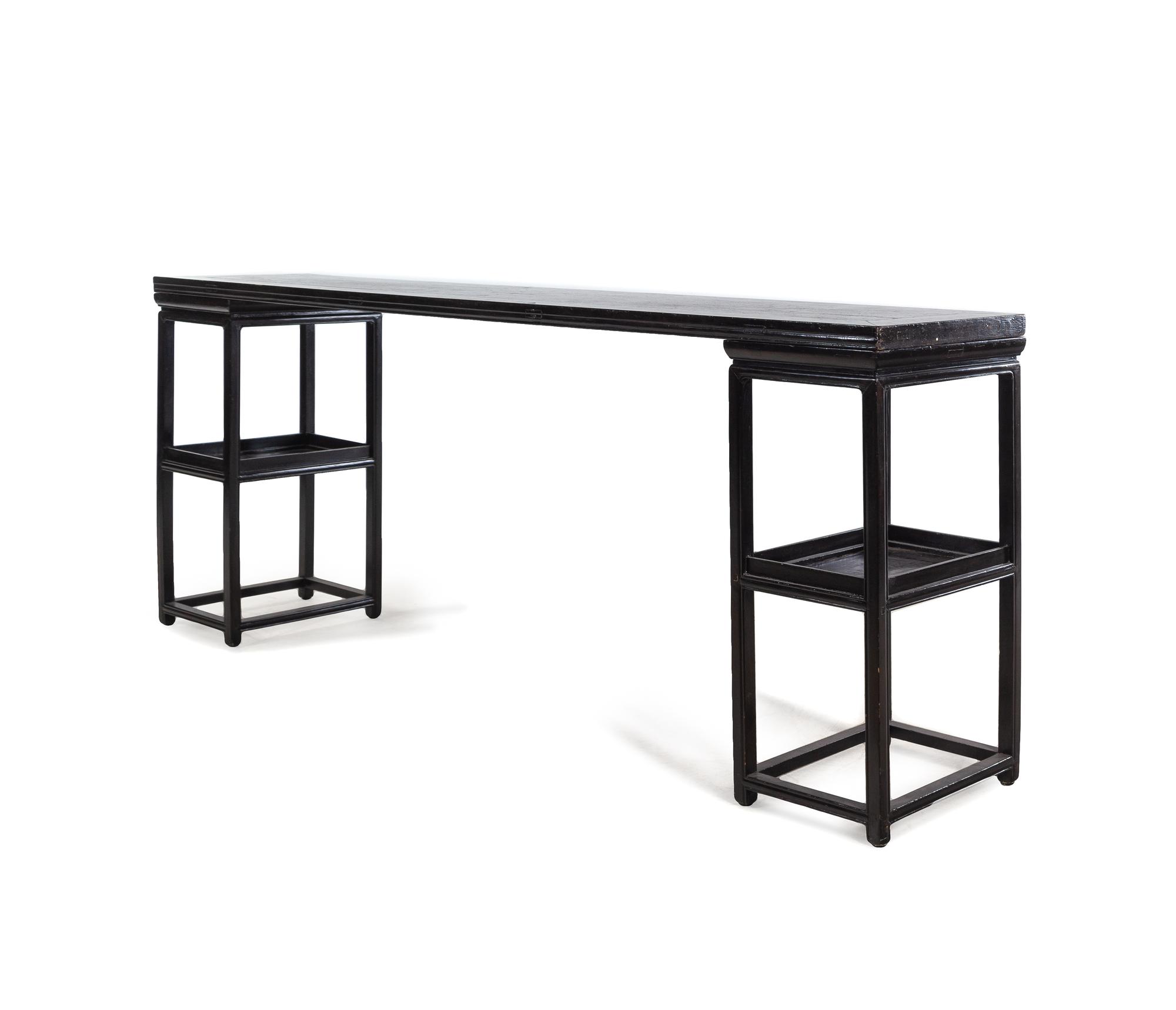 A Chinese Black Lacquered Wood Plank-Top Pedestal Table, Jiaji'an