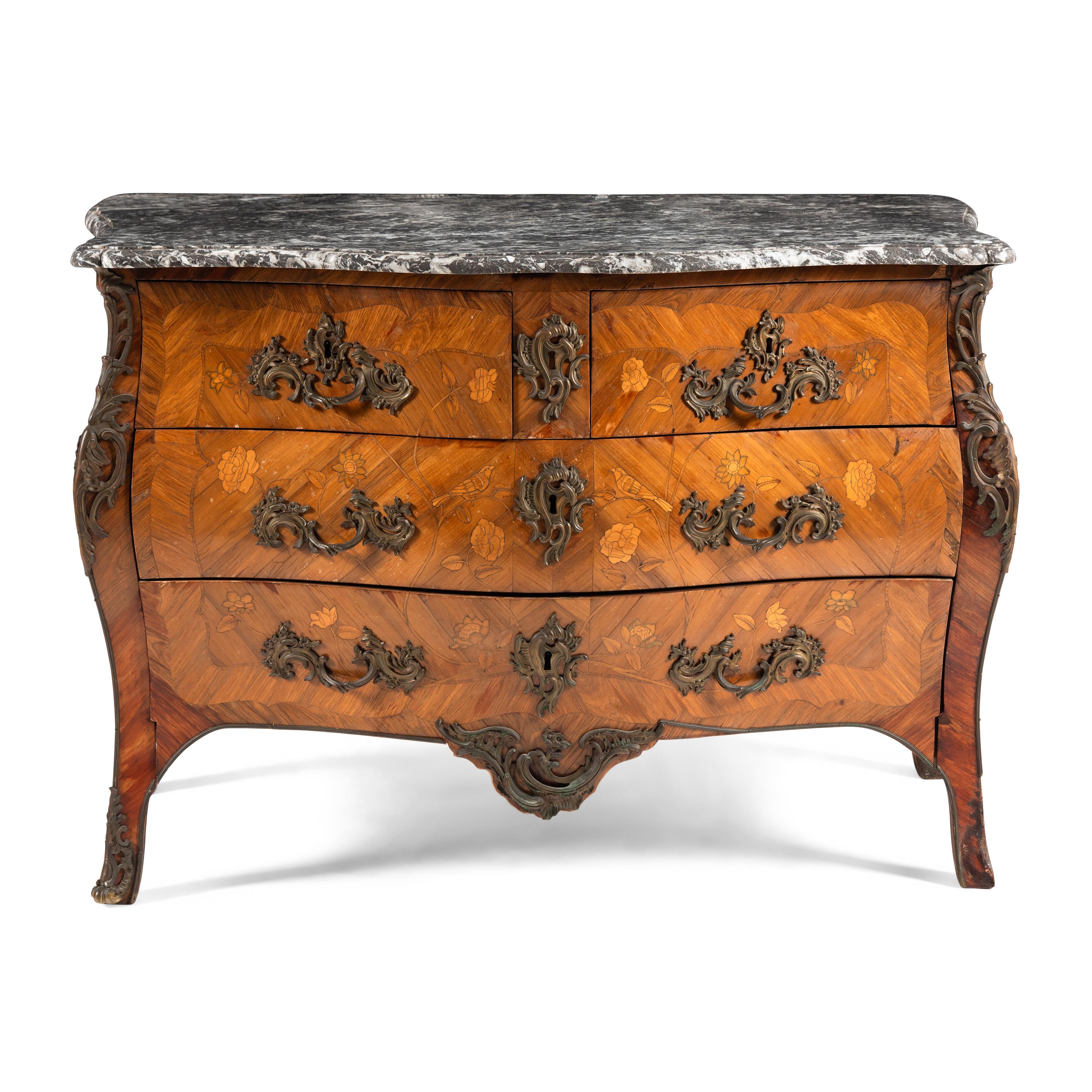 A Louis XV Gilt Bronze Mounted Marquetry, Tulipwood, and Fruitwood Marble-Top Commode