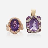Two pieces of amethyst, diamond, and gold jewelry