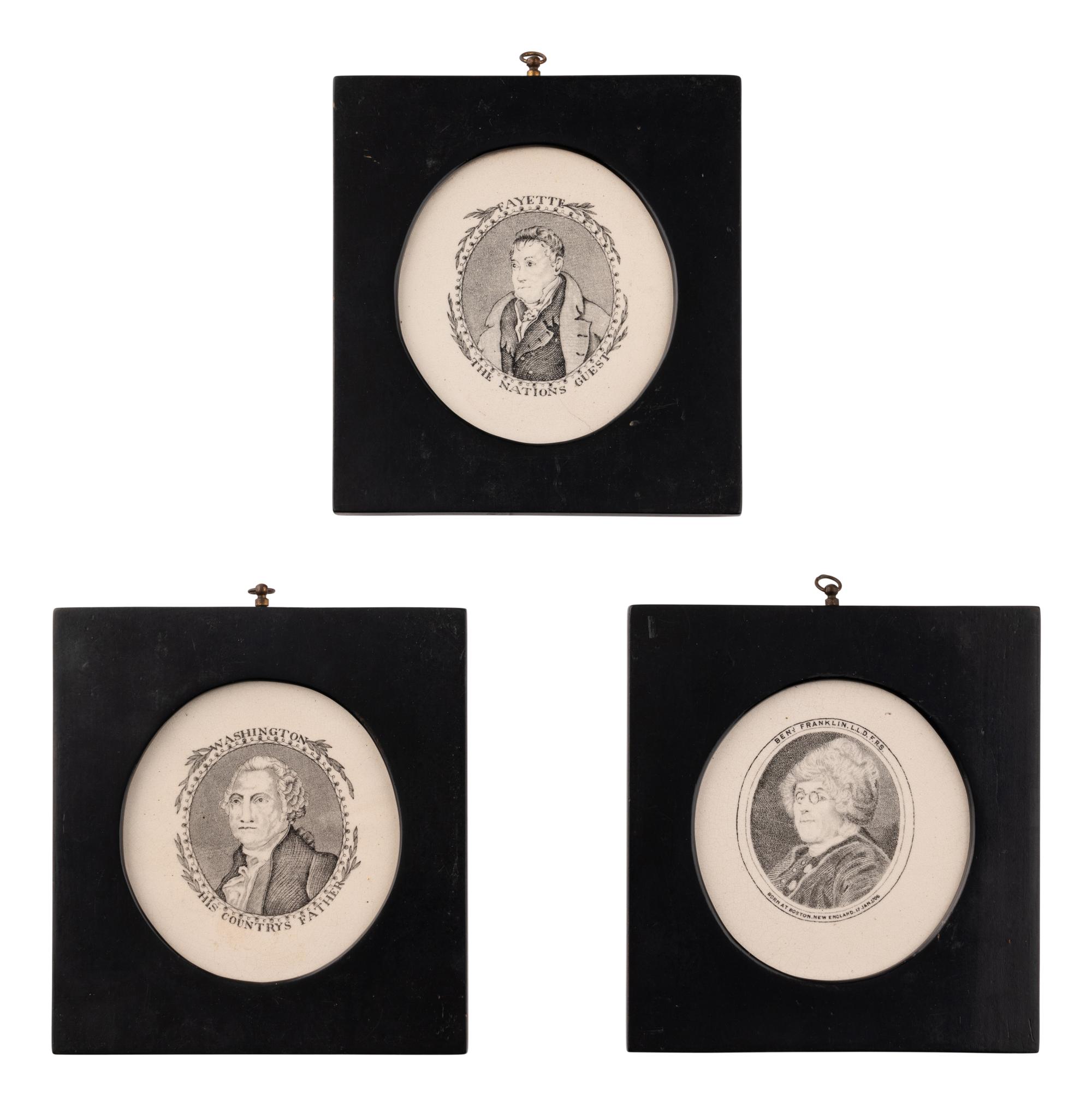 Three Porcelain Plaques depicting General Lafayette "The Nations Guest," President George Washington "The Countrys Father," and Benjamin Franklin.