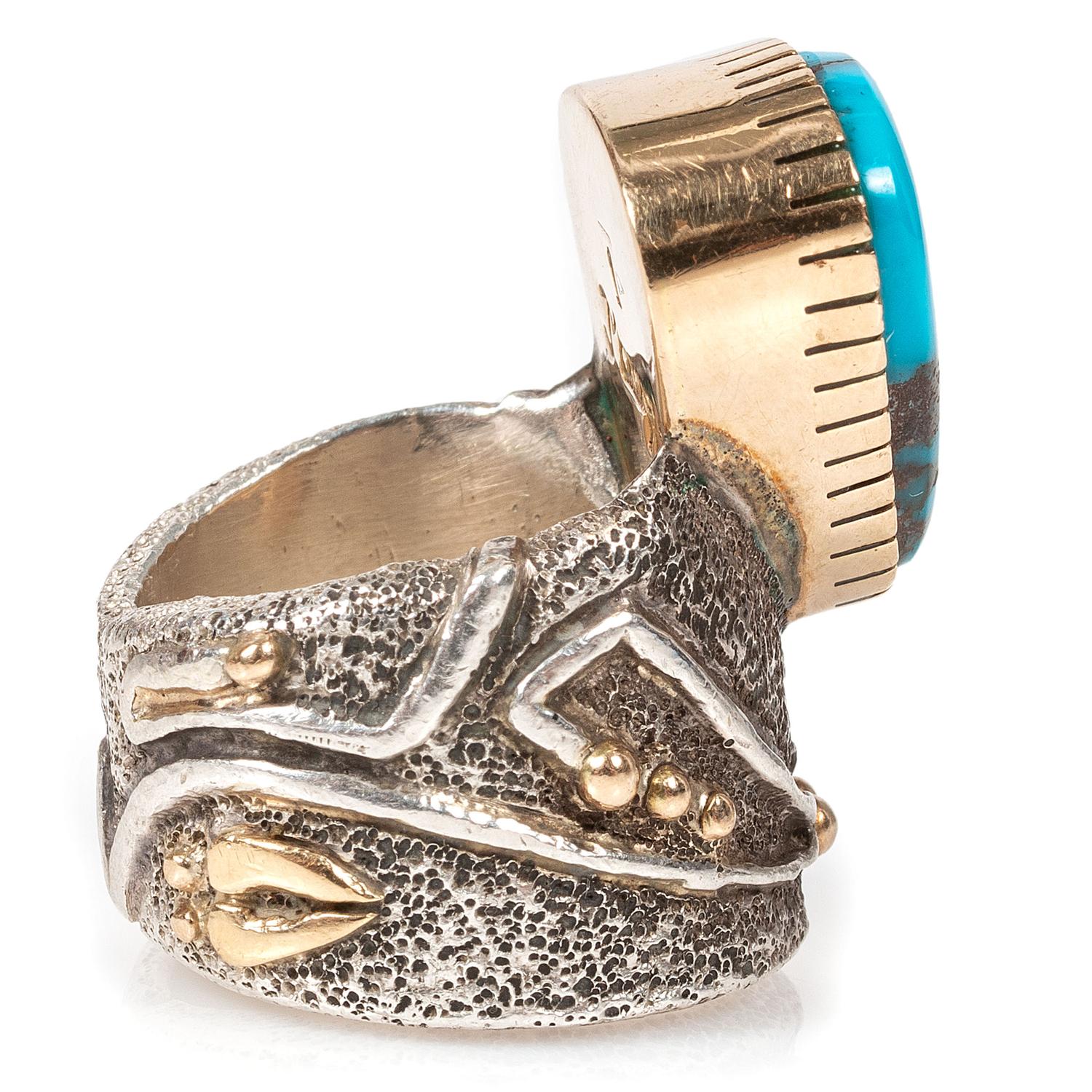 Tufa Cast Silver Ring, with Bisbee Turquoise Cabochon and Accented with 14k Gold
