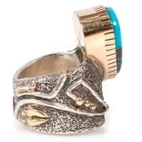 Tufa Cast Silver Ring, with Bisbee Turquoise Cabochon and Accented with 14k Gold