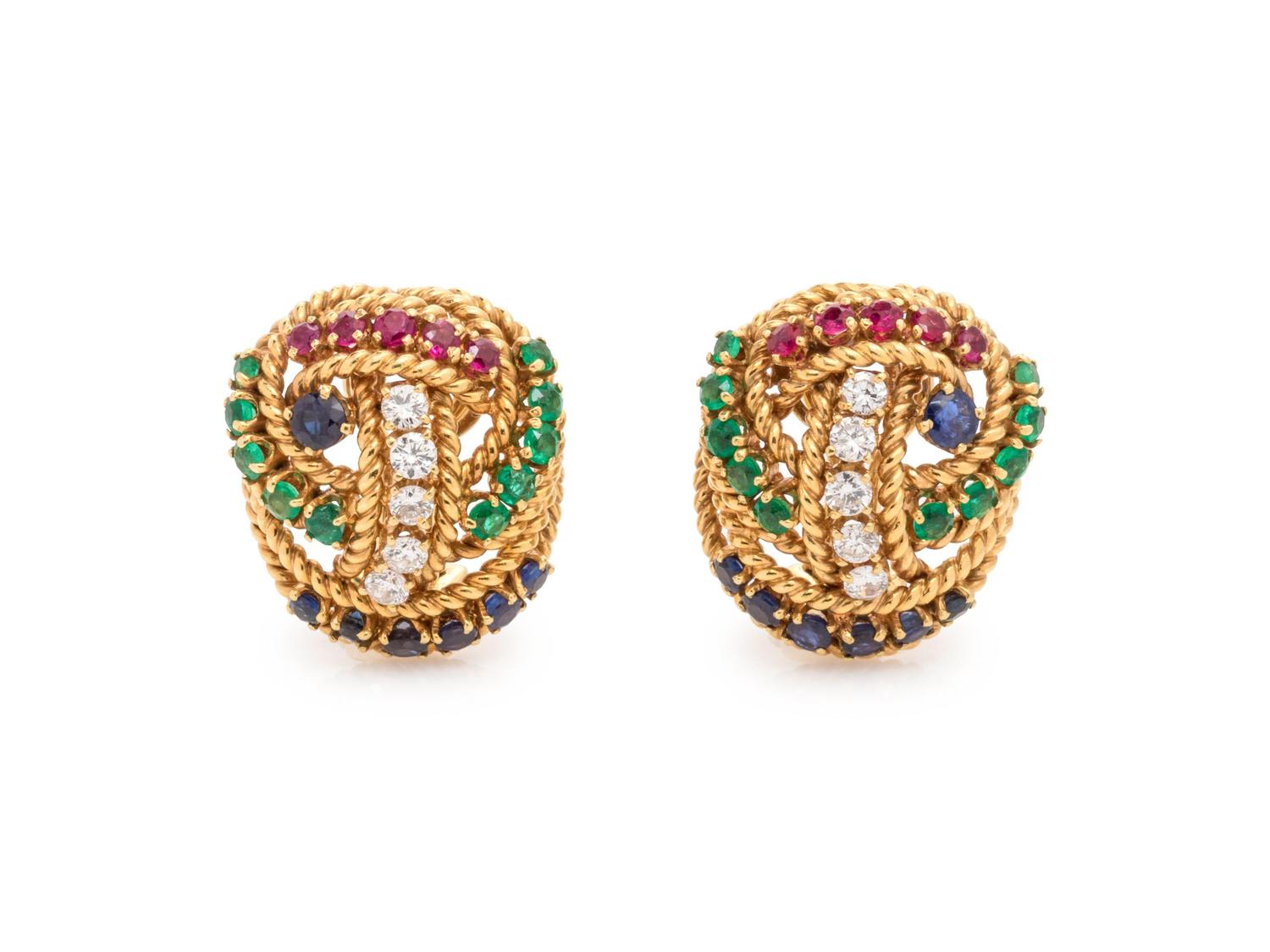 Diamond, Ruby, Sapphire and Emerald Knot Motif Earclips