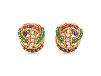 Diamond, Ruby, Sapphire and Emerald Knot Motif Earclips
