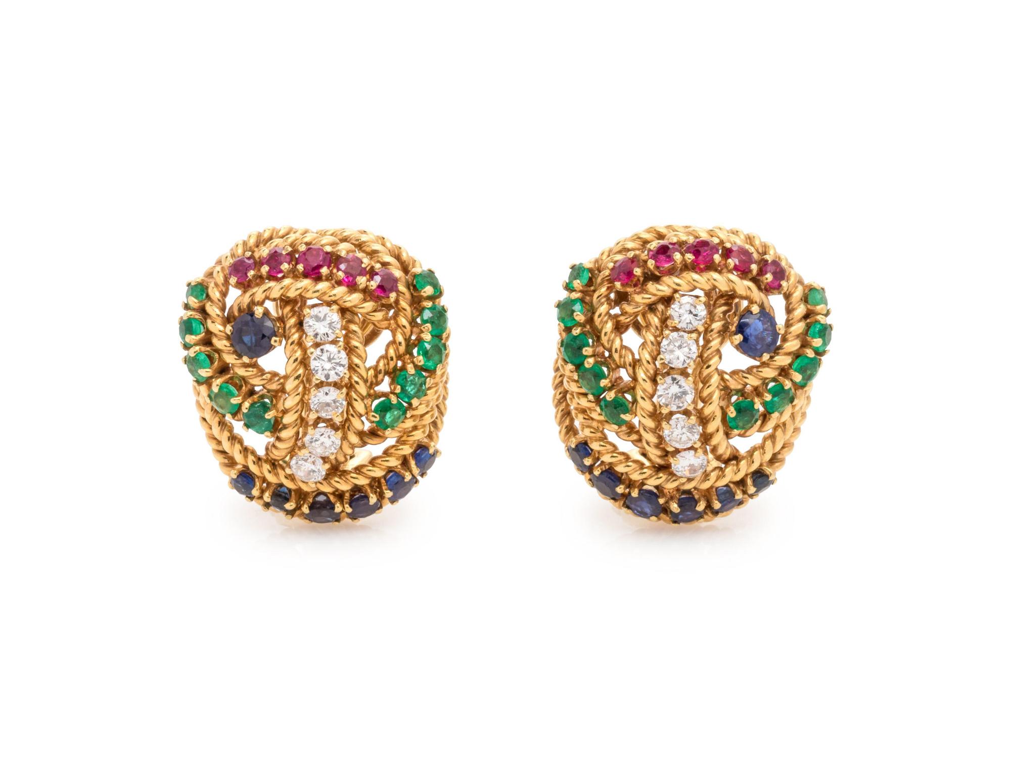 Diamond, Ruby, Sapphire and Emerald Knot Motif Earclips
