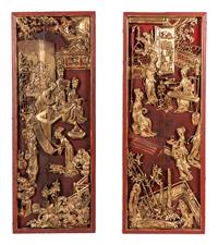 A Pair of Chinese Carved Gilt and Red Lacquered Wood Panels