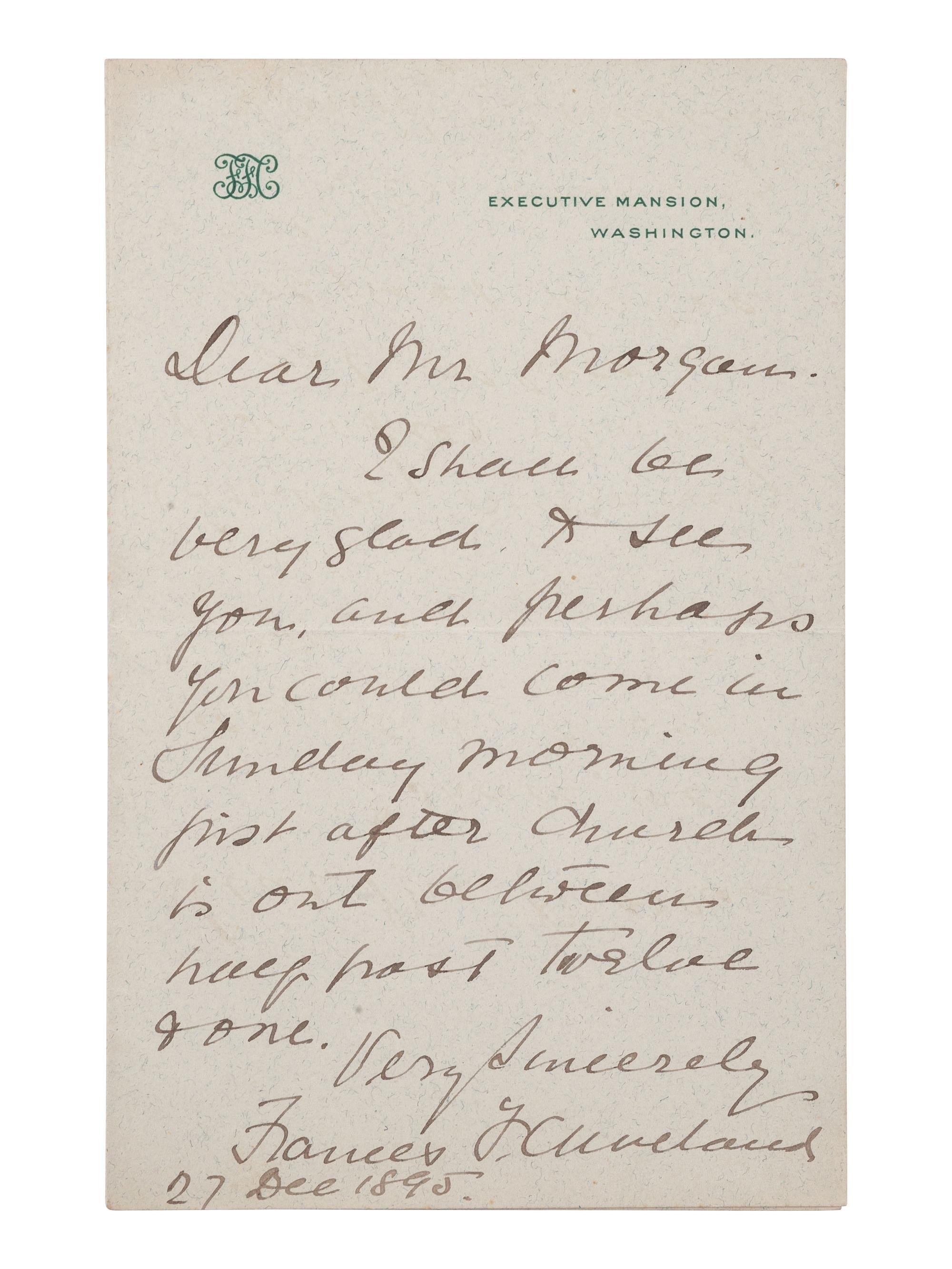 CLEVELAND, Frances (1864-1947). ALS. Executive Mansion, Washington, 27 December 1885.