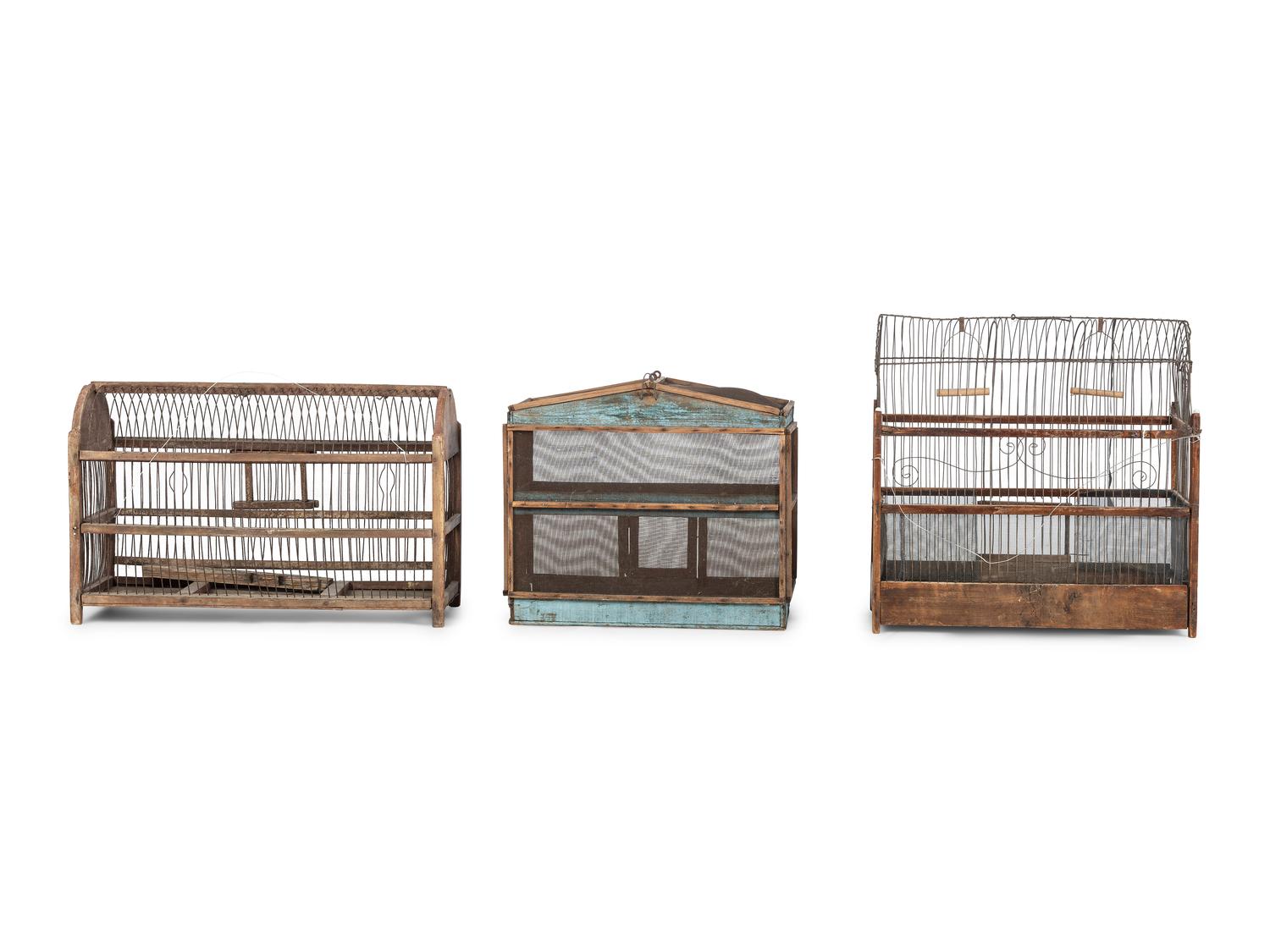Three Wood and Wire Folk Art Bird Cages