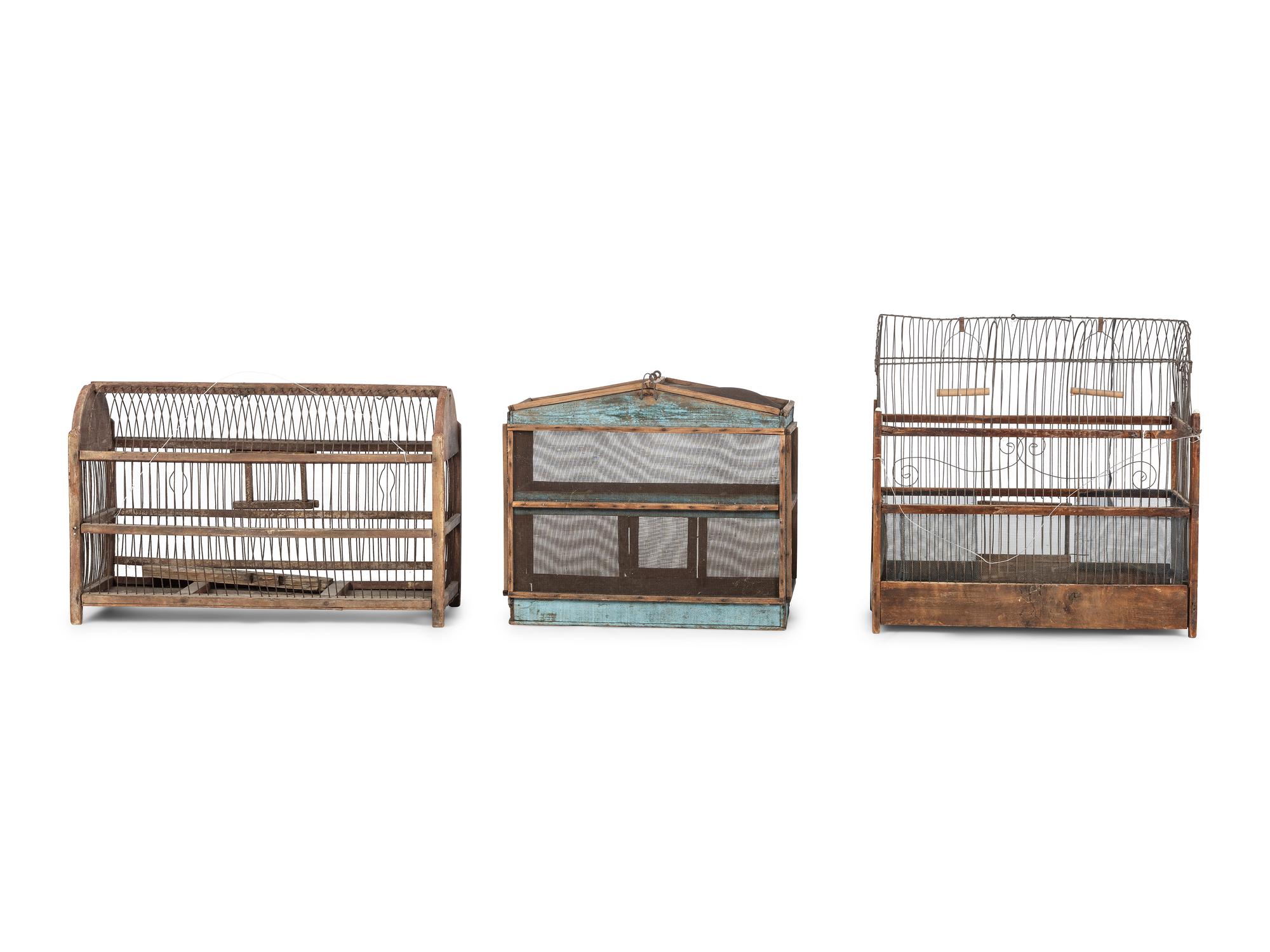 Three Wood and Wire Folk Art Bird Cages