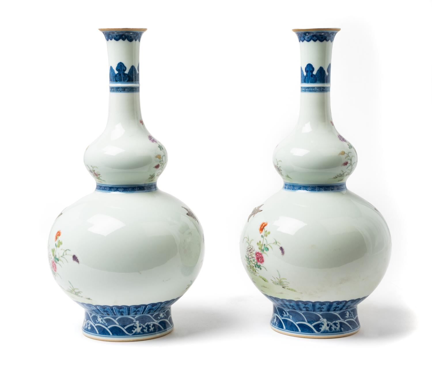 A Pair of Chinese Enameled Porcelain Double Gourd Vases