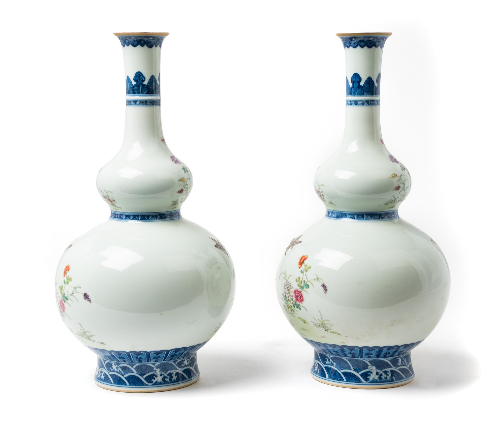 A Pair of Chinese Enameled Porcelain Double Gourd Vases