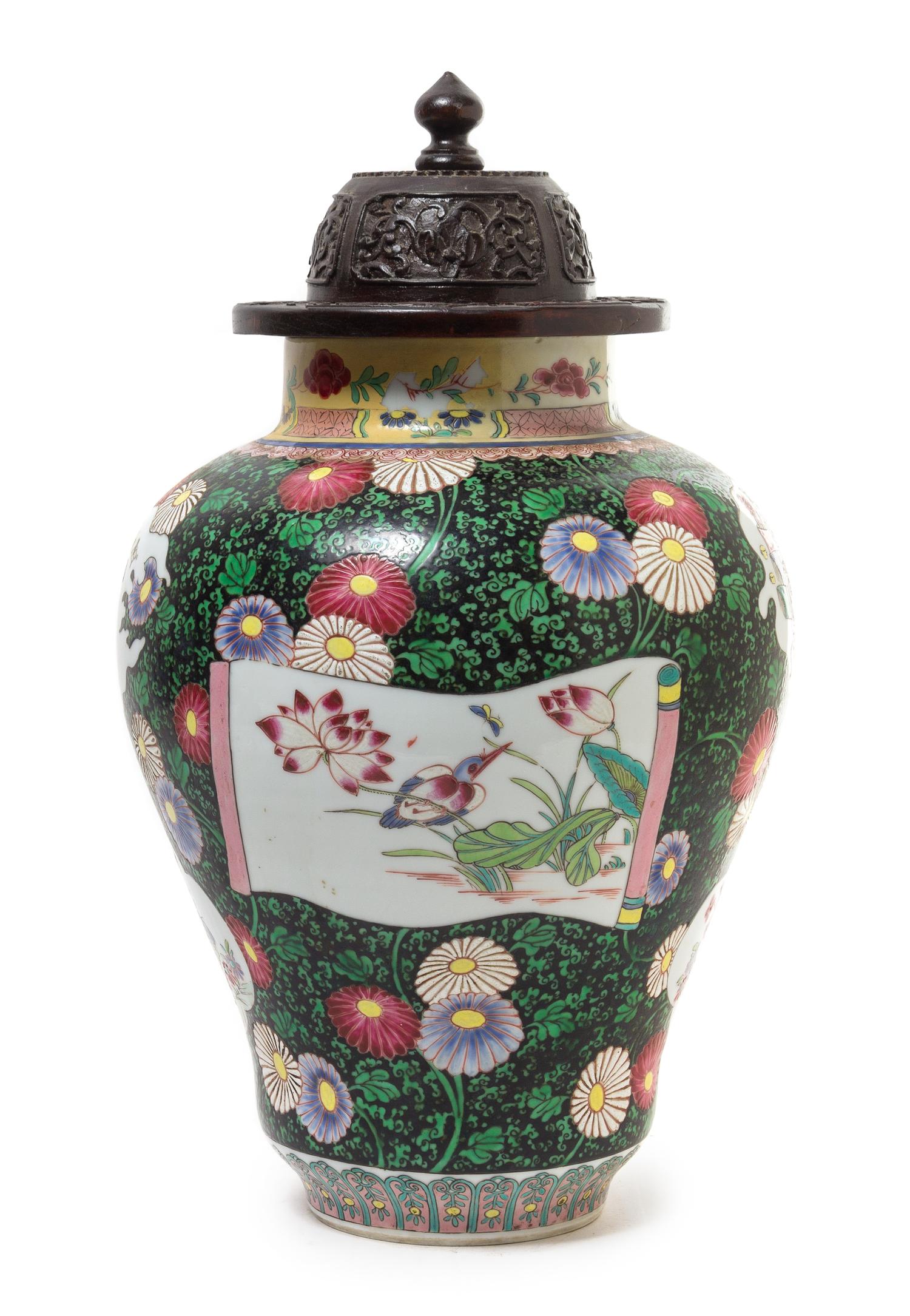 A Chinese Famille Noire Porcelain Jar Height of vase 15 1/8 inches. — 18TH CENTURY