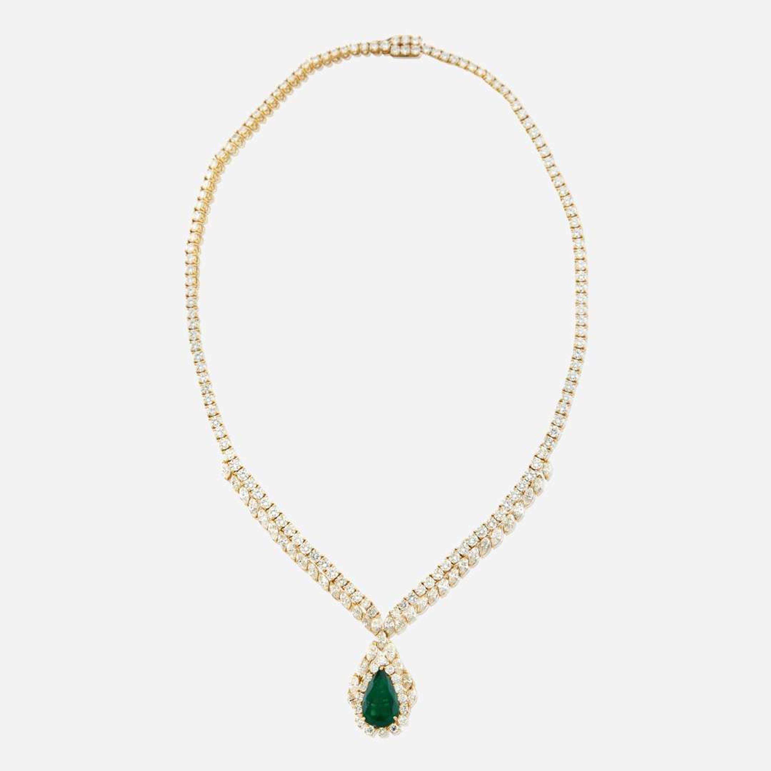 An emerald, diamond, and gold necklace