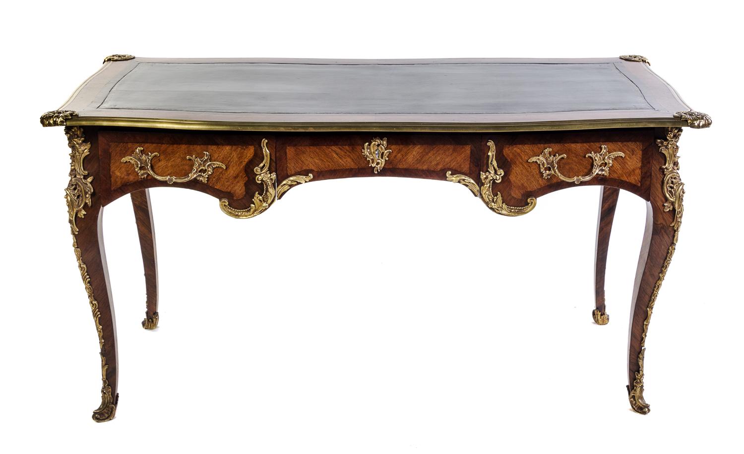A Louis XV Style Gilt Bronze Mounted Fruitwood Bureau Plat Height 30 1/2 x width 59 x depth 30 3/4 inches. — LATE 19TH CENTURY