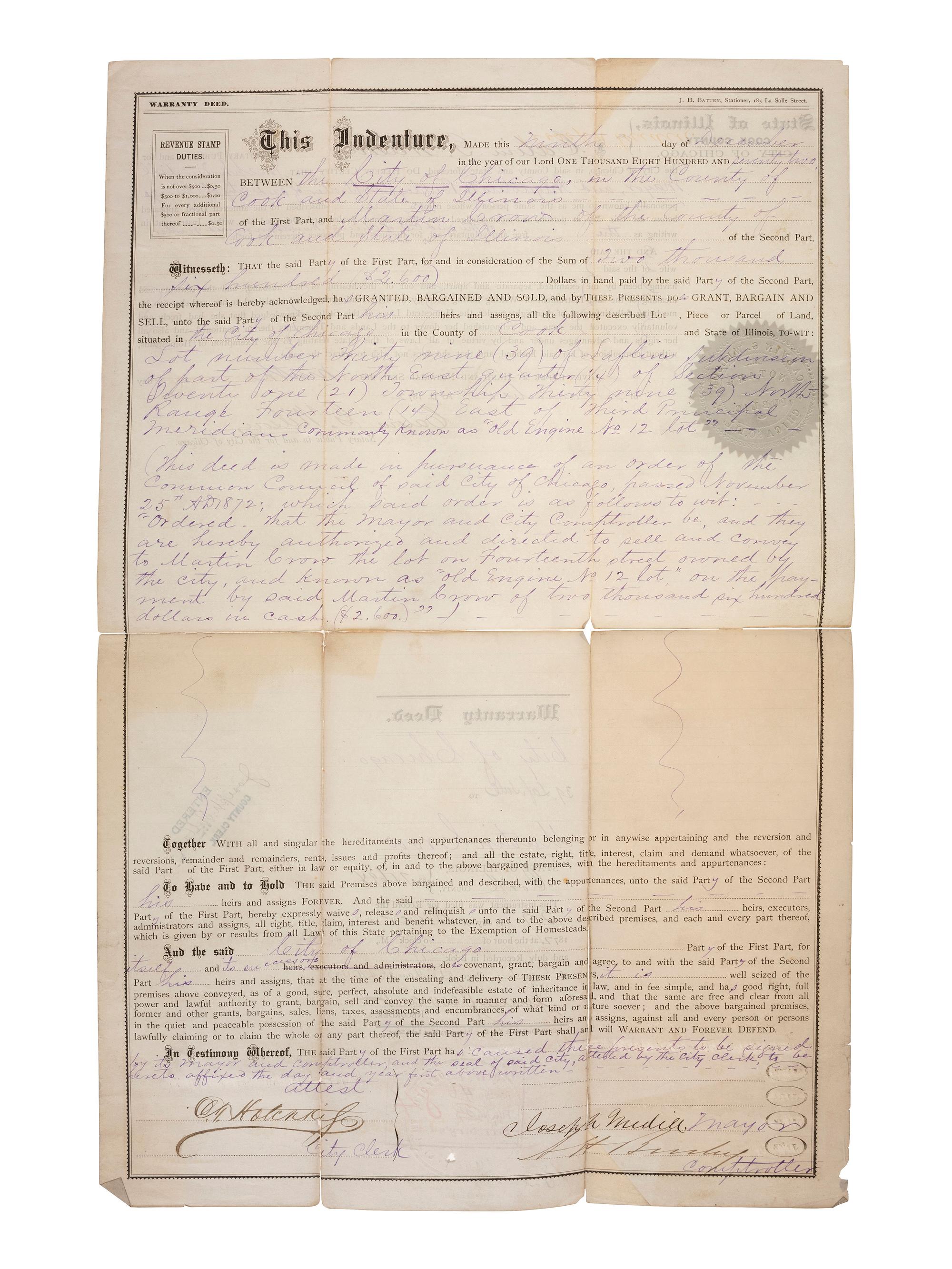 [CHICAGO]. A group of documents signed by Chicago mayors, including Joseph MEDILL, John WENTWORTH, James H. WOODWORTH, Anton J. CERMAK, William Hale THOMPSON, and the Mayors DALEY.