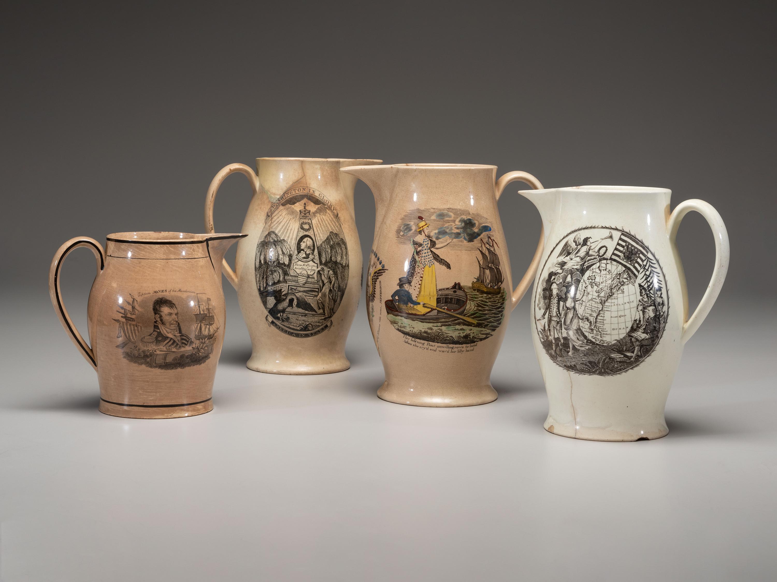 Four Patriotic Creamware Pitchers