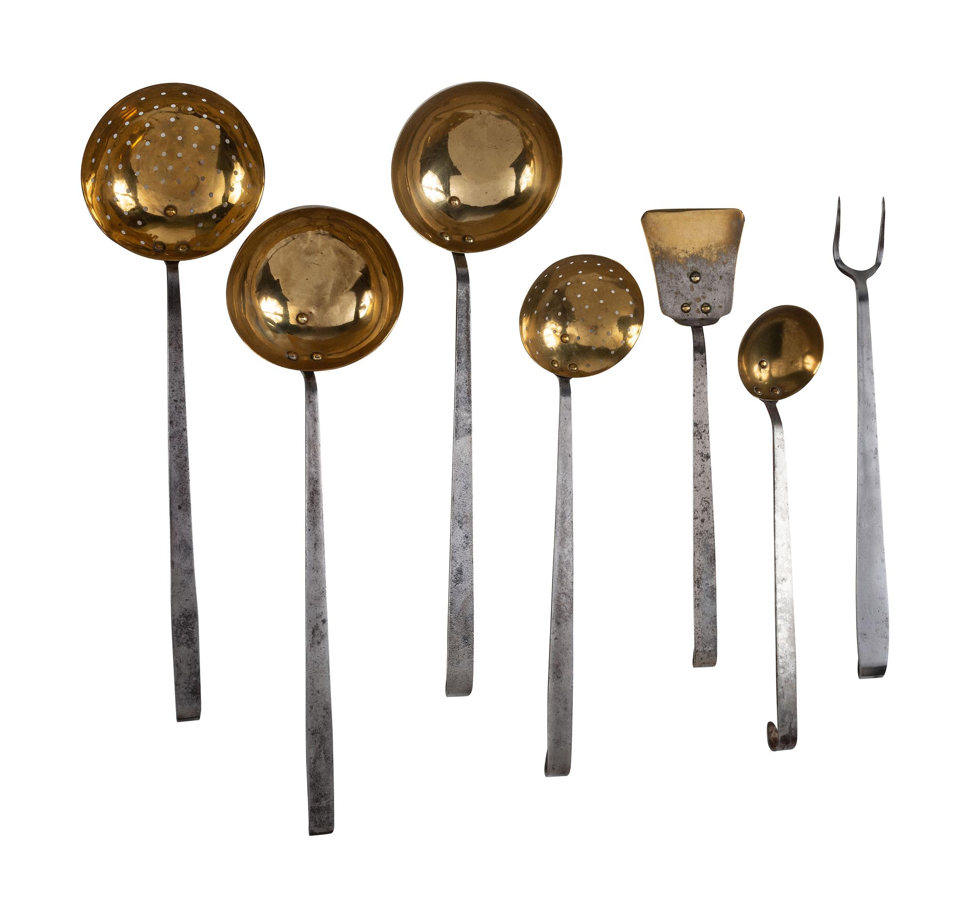 Seven American Brass and Wrought Iron Cooking Utensils