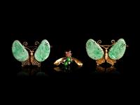 A Pair of Chinese Gilt Silver and Jadeite Butterfly-Form Brooches and a Chinese Gemstone Inset Gilt Metal Bee-Form Brooch