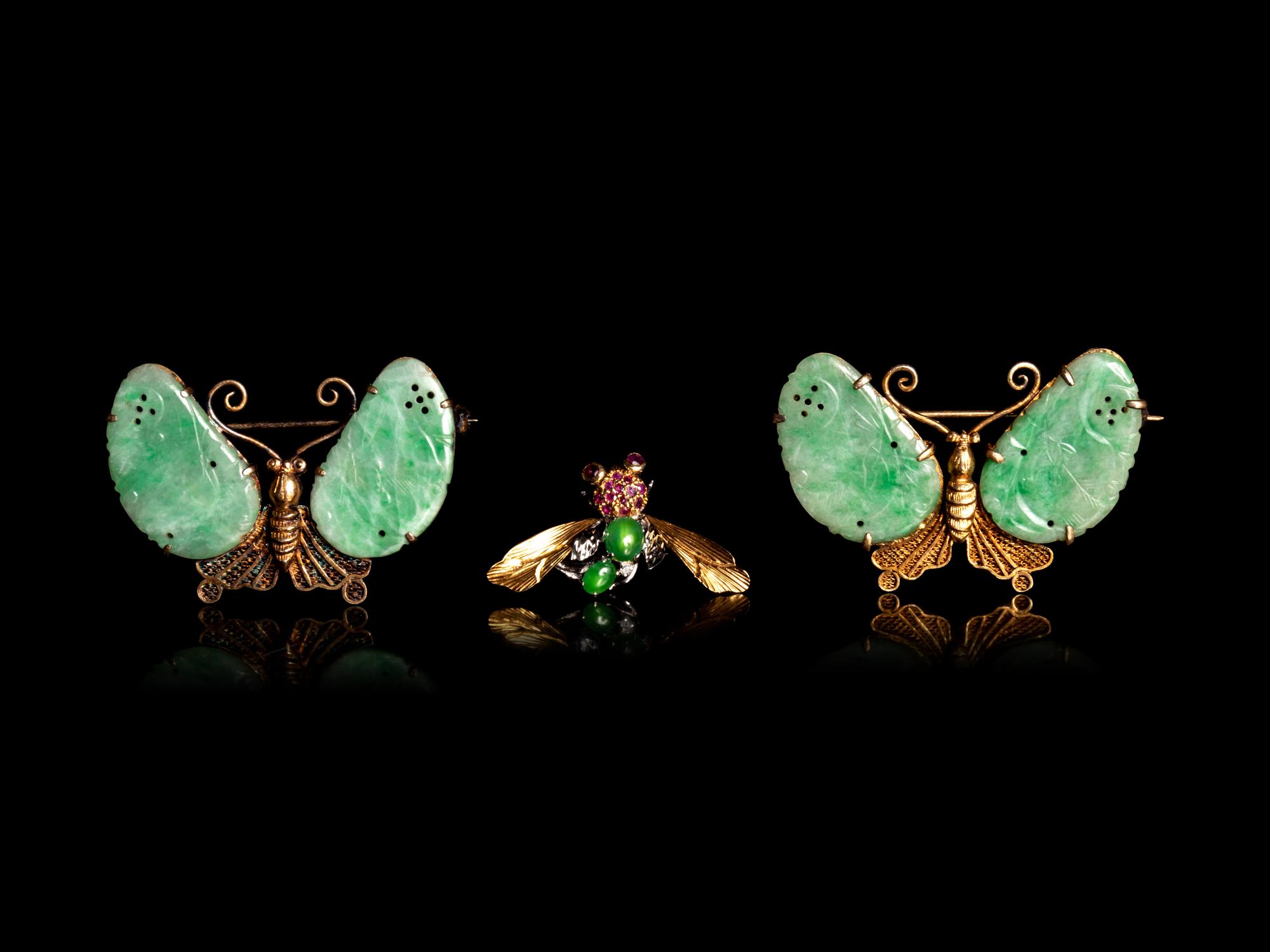 A Pair of Chinese Gilt Silver and Jadeite Butterfly-Form Brooches and a Chinese Gemstone Inset Gilt Metal Bee-Form Brooch