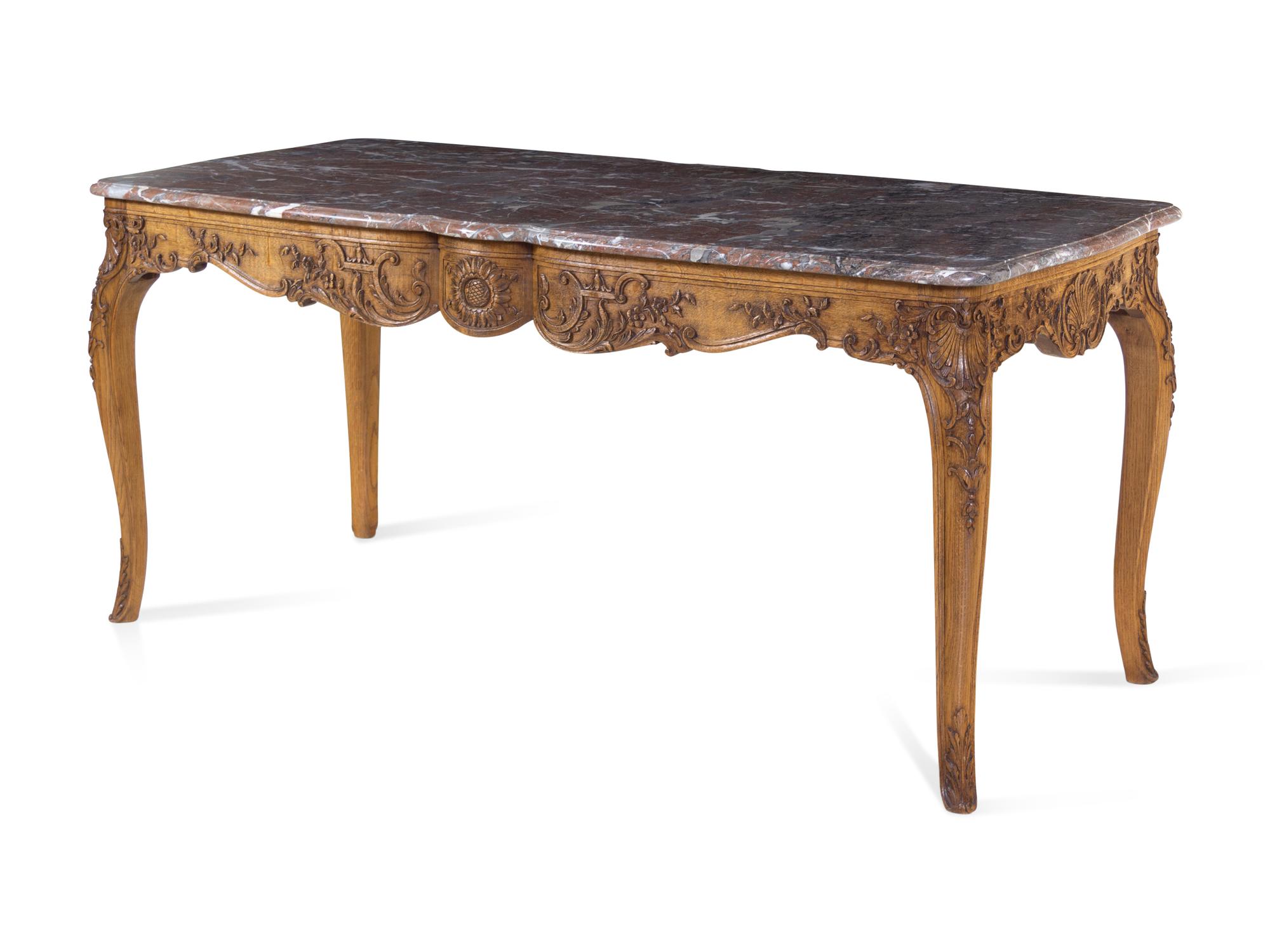 A Louis XV Provincial Style Carved Oak Marble-Top Center Table