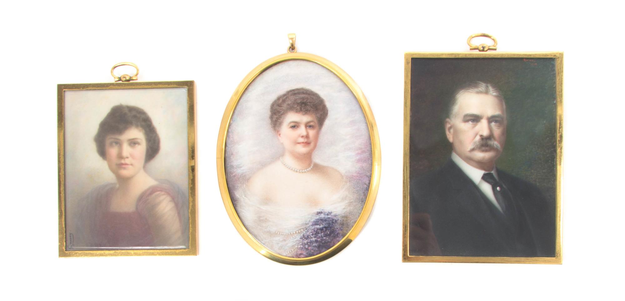 Nine Continental Portrait Miniatures, Height of first 5 3/4 inches.