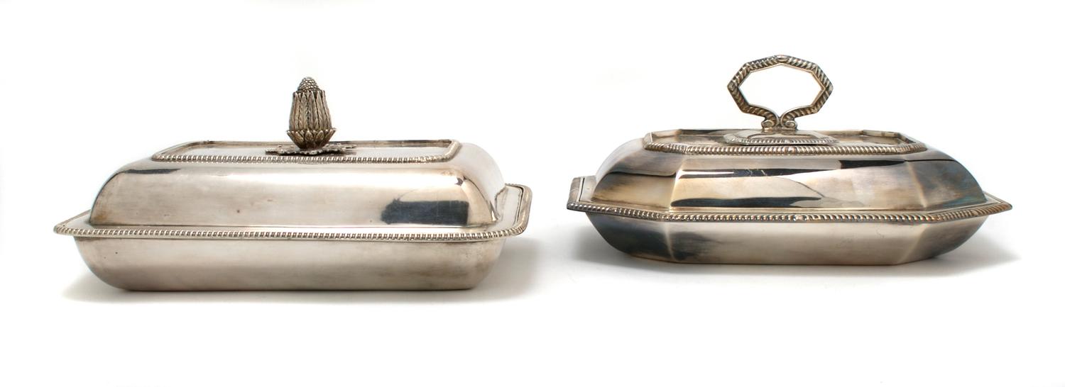 A Group of Two Silverplate Covered Vegetable Dishes, Width of largest 11 1/2 inches.