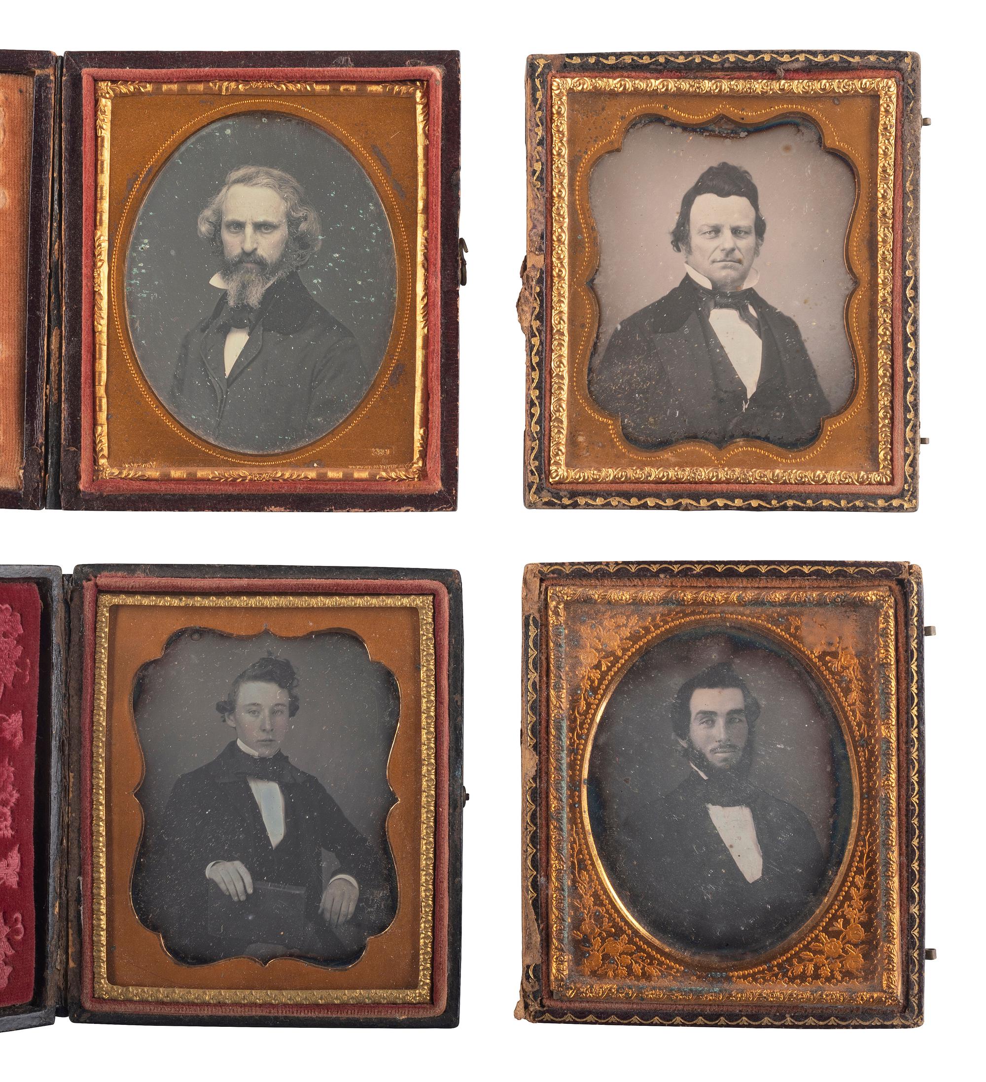 [EARLY PHOTOGRAPHY]. A group of 12 daguerreotypes of men with facial hair or creatively coiffed hair, including portraits by ANSON and BRILL.