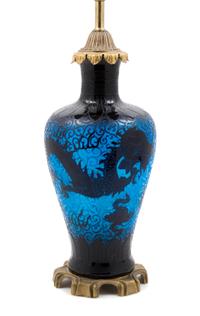 Steuben, 20TH CENTURY, a double etched dragon lamp, form no. 6094, in mirror black and celeste blue